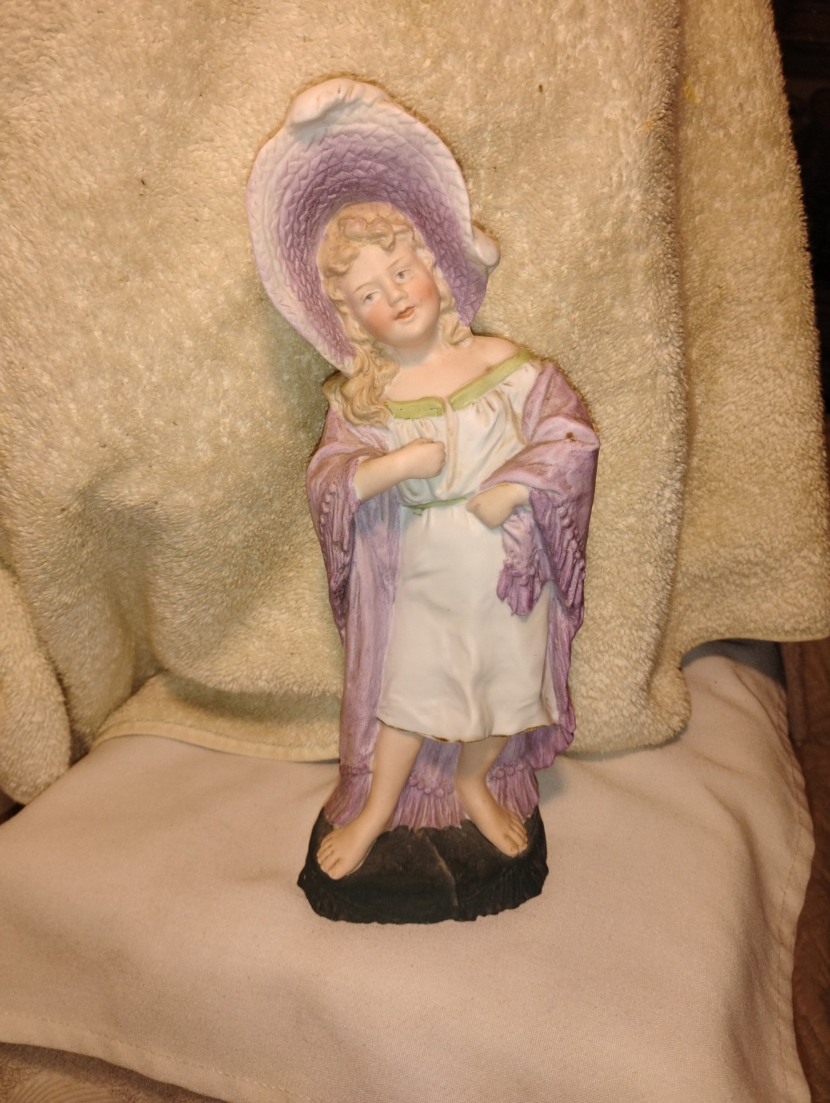 Antique Heubach Bisque Figurine Girl Lavender w Bare Feet Bonnet Mkd 9″ SWEET