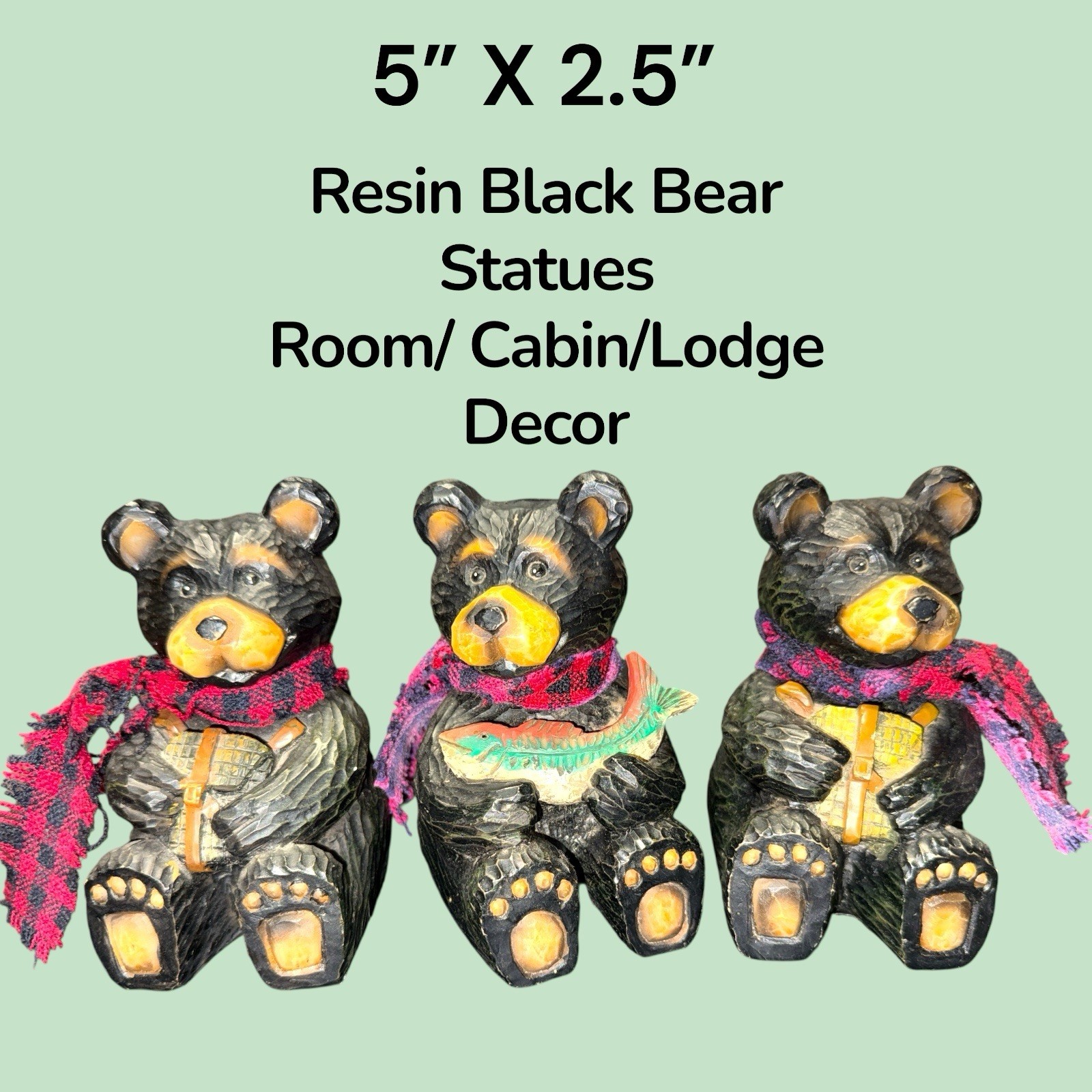 Black Bears W/Plaid Scarf Resin Carved Room/Cabin/Lodge Decor Figures Lot Of 3
