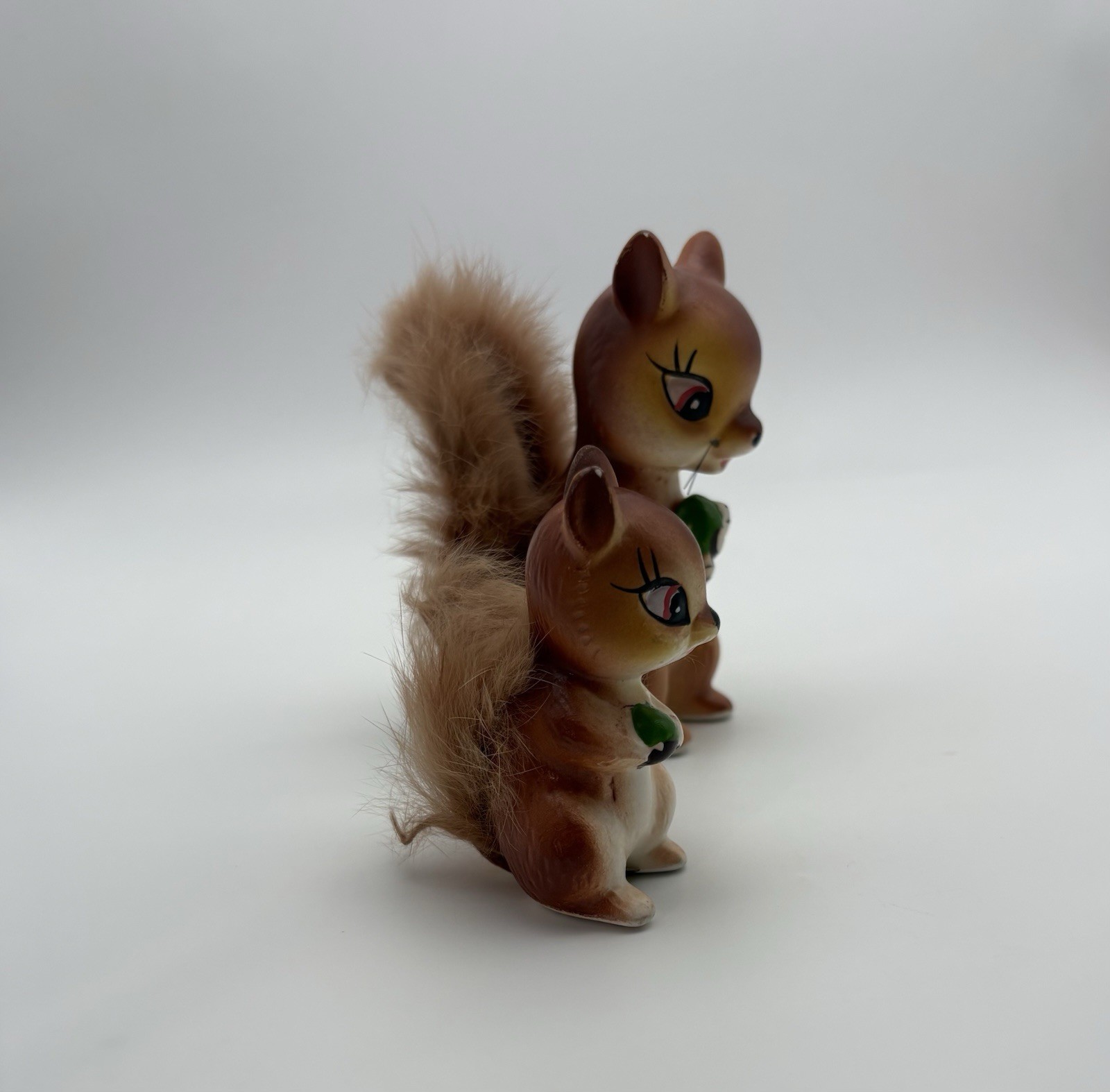 2 Vintage MCM Ceramic Squirrel Chipmunk Figurines Fur Tails 50s Baby Kitschy