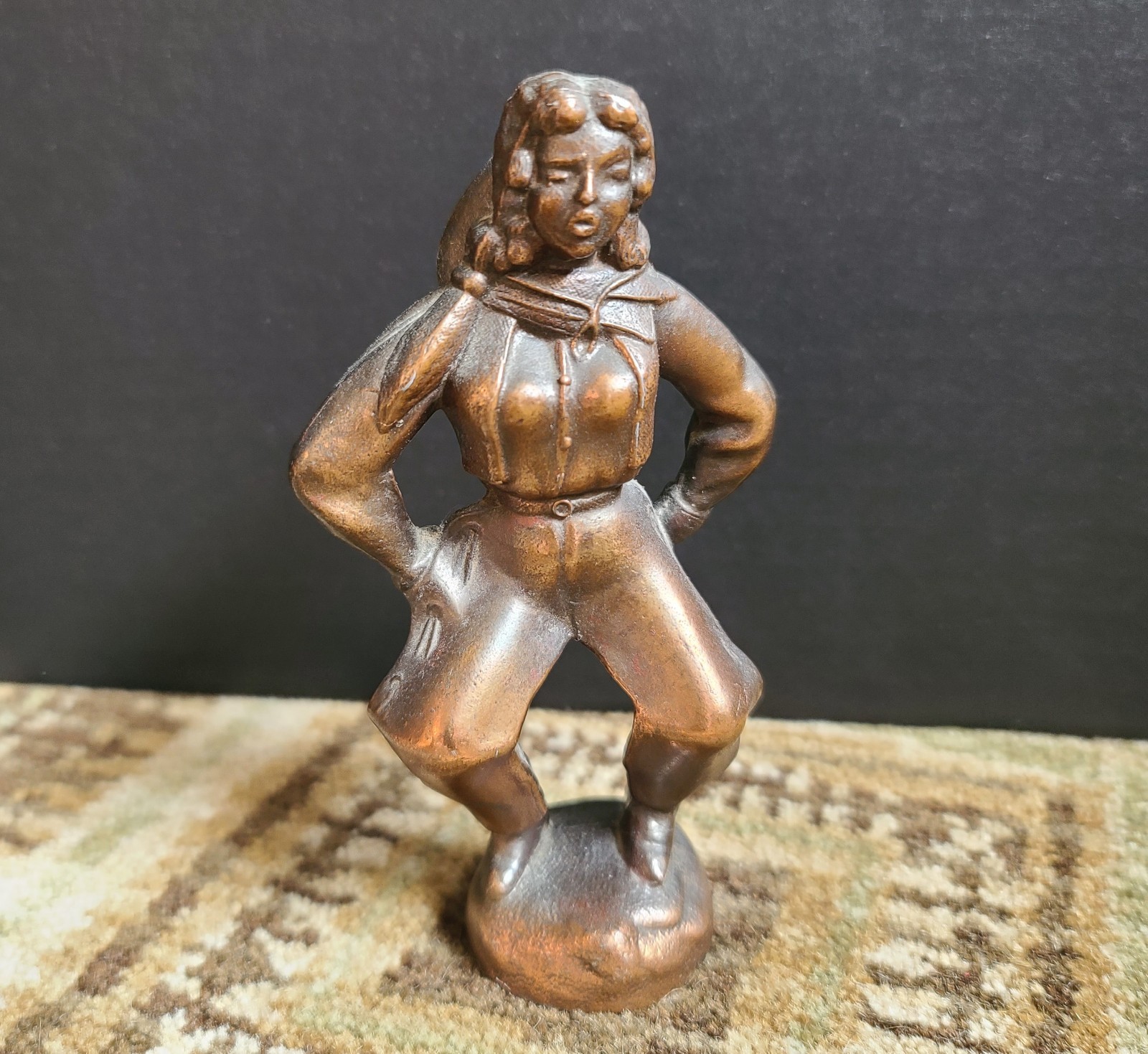 VTG 1950s Bronzed Metal Cowgirl Sculpture “Sore Bottom Sally” Americana Decor 5″