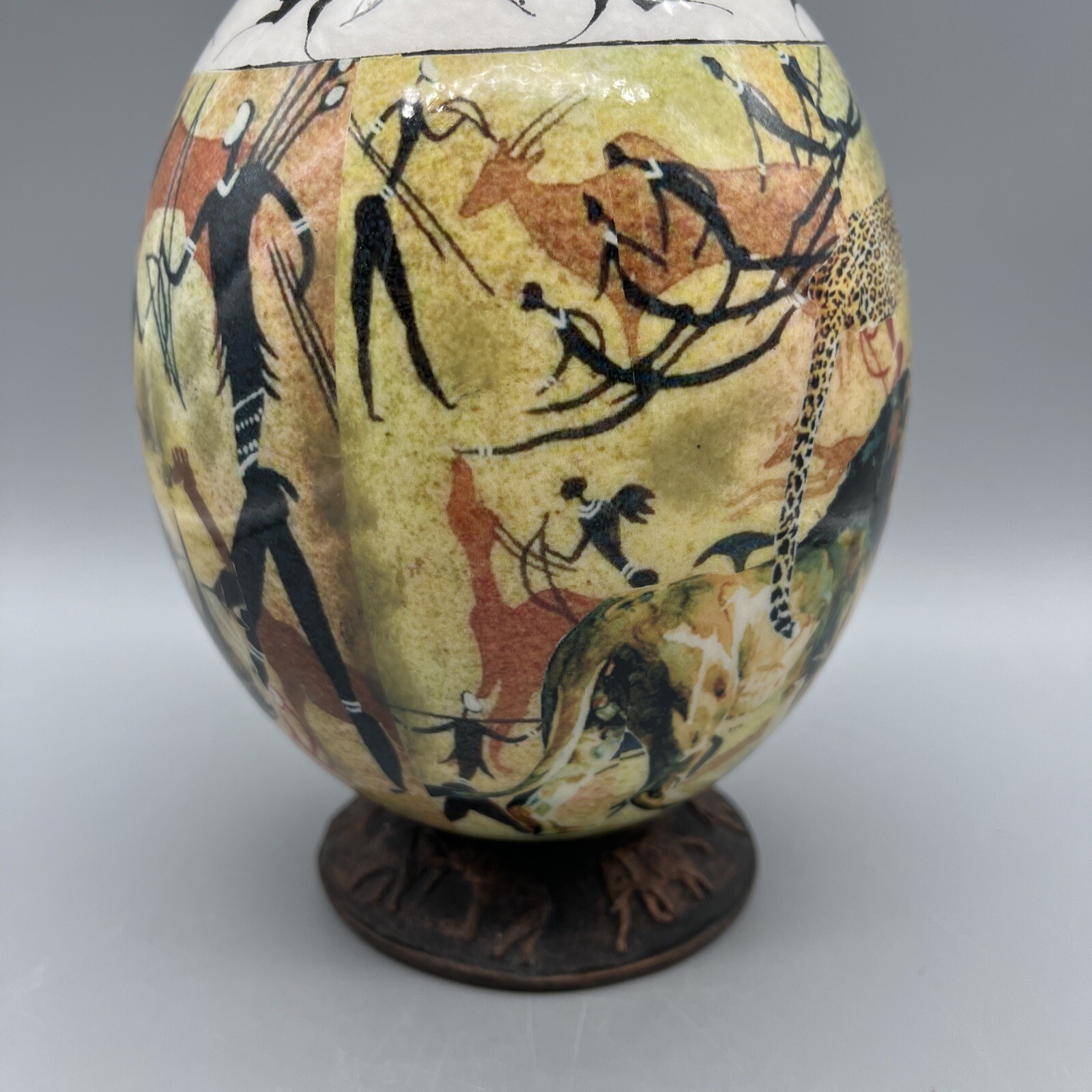 African Decoupage Ostrich Egg Elephant Herd w/ Custom Carved Wood Stand Glazed