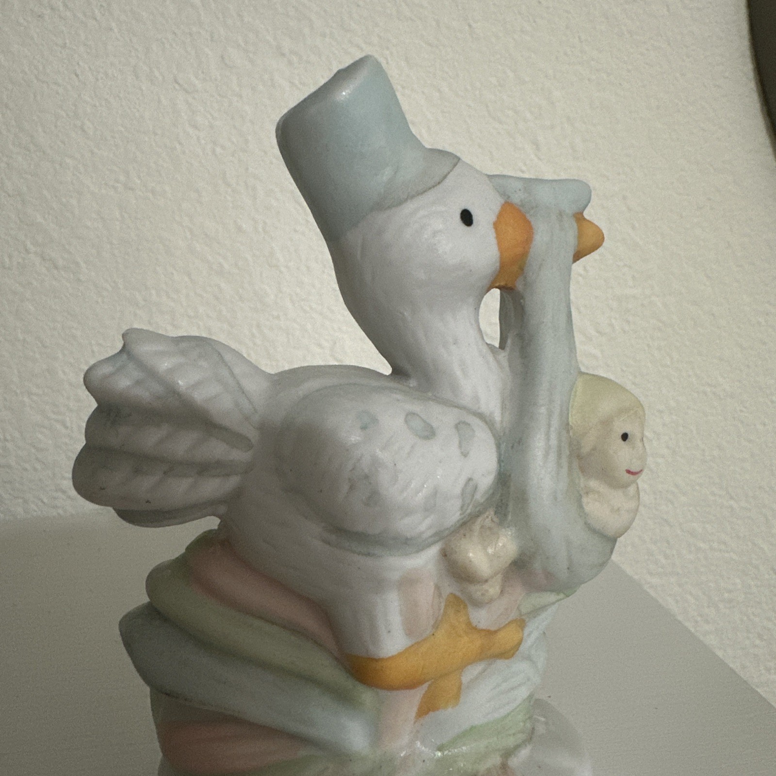 Vintage Porcelain Stork Carrying Boy Baby Blue Blanket Figure – 5.5”