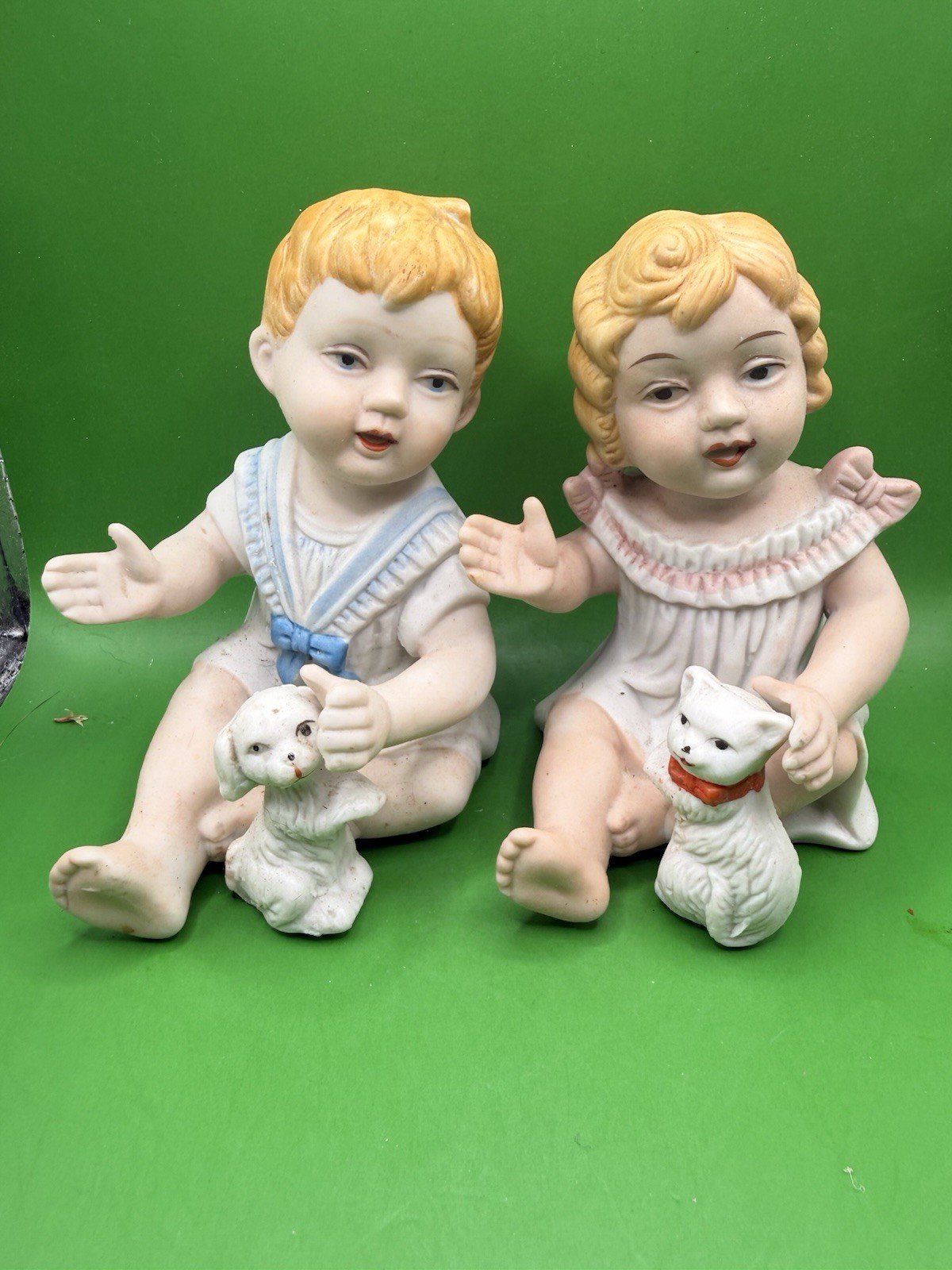 Vintage Bisque Porcelain Piano Baby Set With Puppy & Kitten Hand Painted