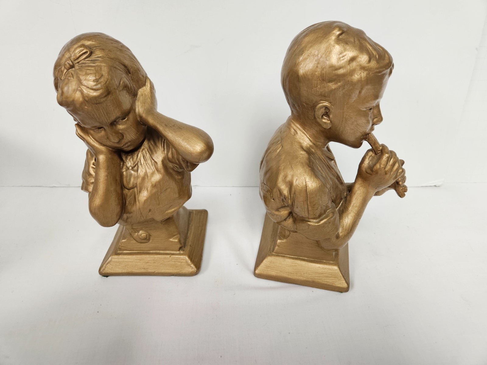 2 Esco Chalkware Gold Statues Noisy Boy with Flute Girl Holding Ears Vilianis