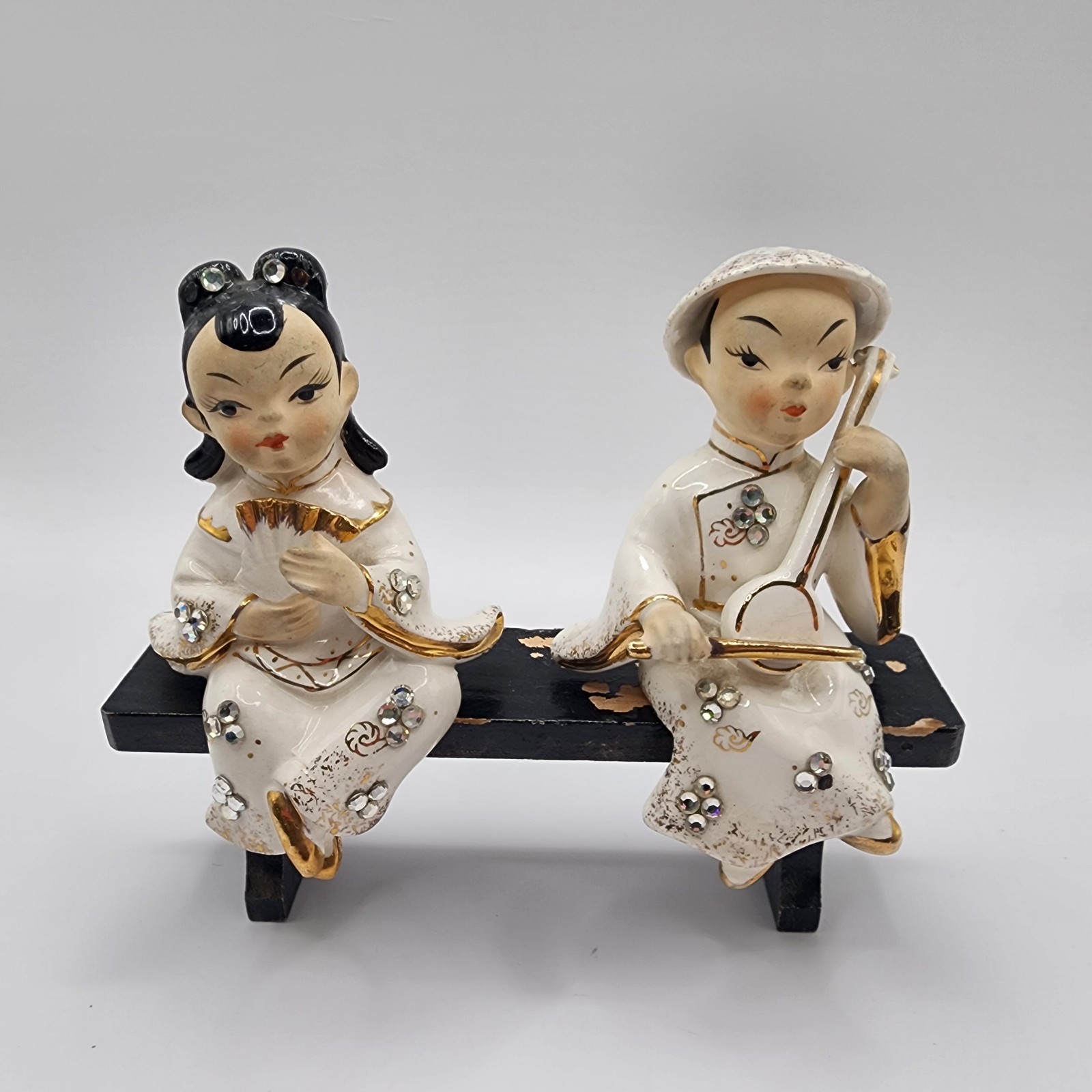 Vintage Pair Lefton Rhinestone Geisha Girl Figurines Sitting On A Bench