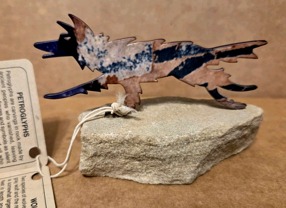 Petroglyph Spirit Wolf On Sandstone Painted Multi Colors 4×2″- New