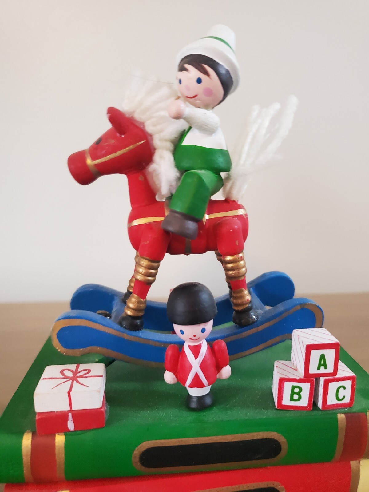 Wooden Motion Rocking Horse Figurine Music Box Plays School Days With Boy