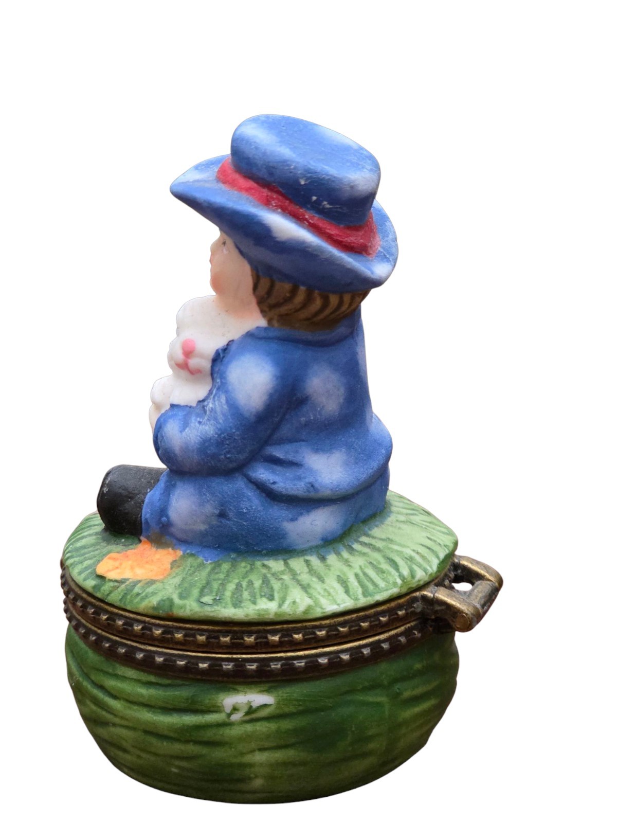 Vintage Porcelain Bisque Hinged Trinket Box Boy in Blue w/ White Rabbit Bunny