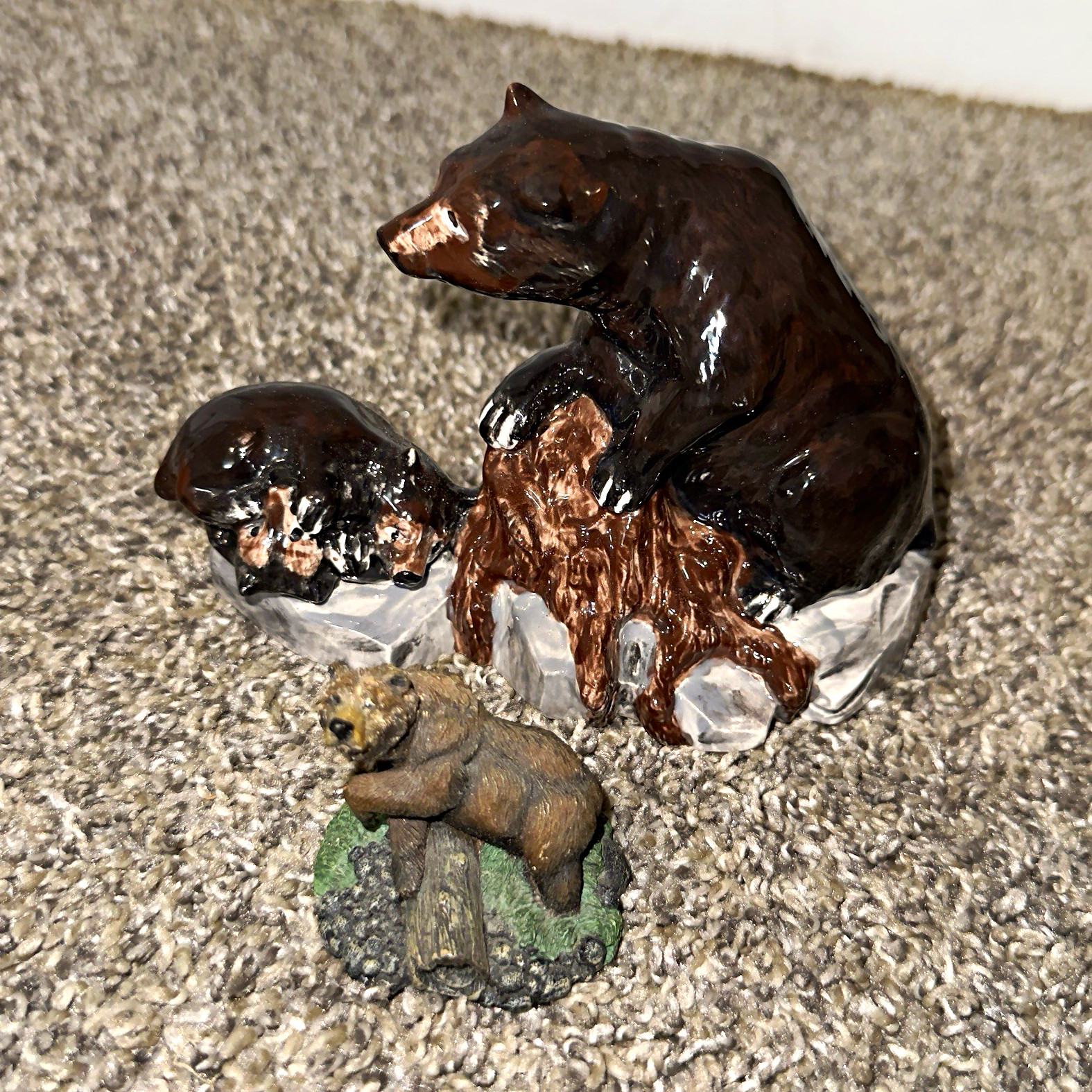 Ceramic Bear Figurines Set of 2 Brown Bear on Rock Base, Glossy Finish
