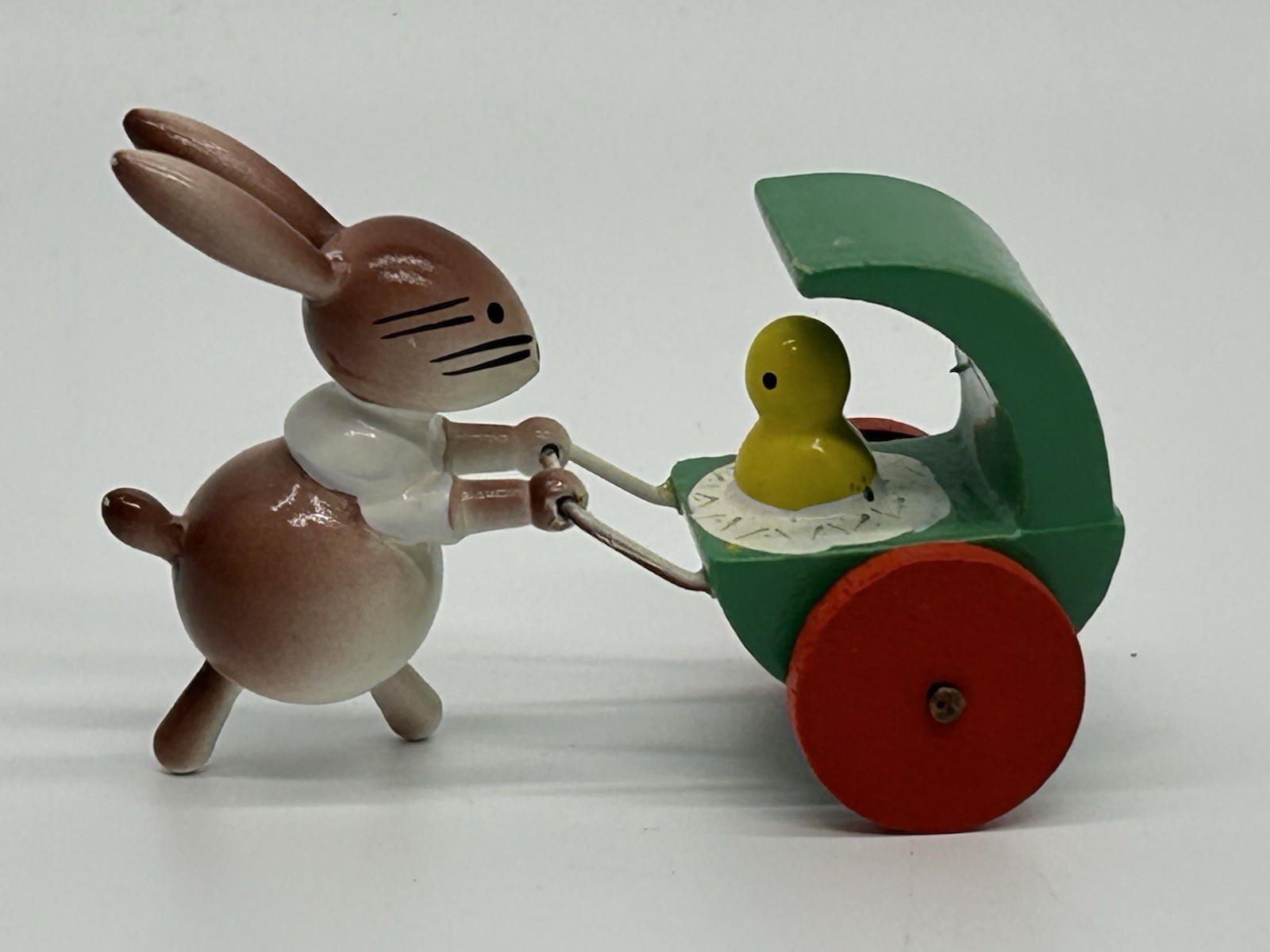 Vintage Goula Spain Bunny Rabbit Pushing Carriage Painted Wood Figure