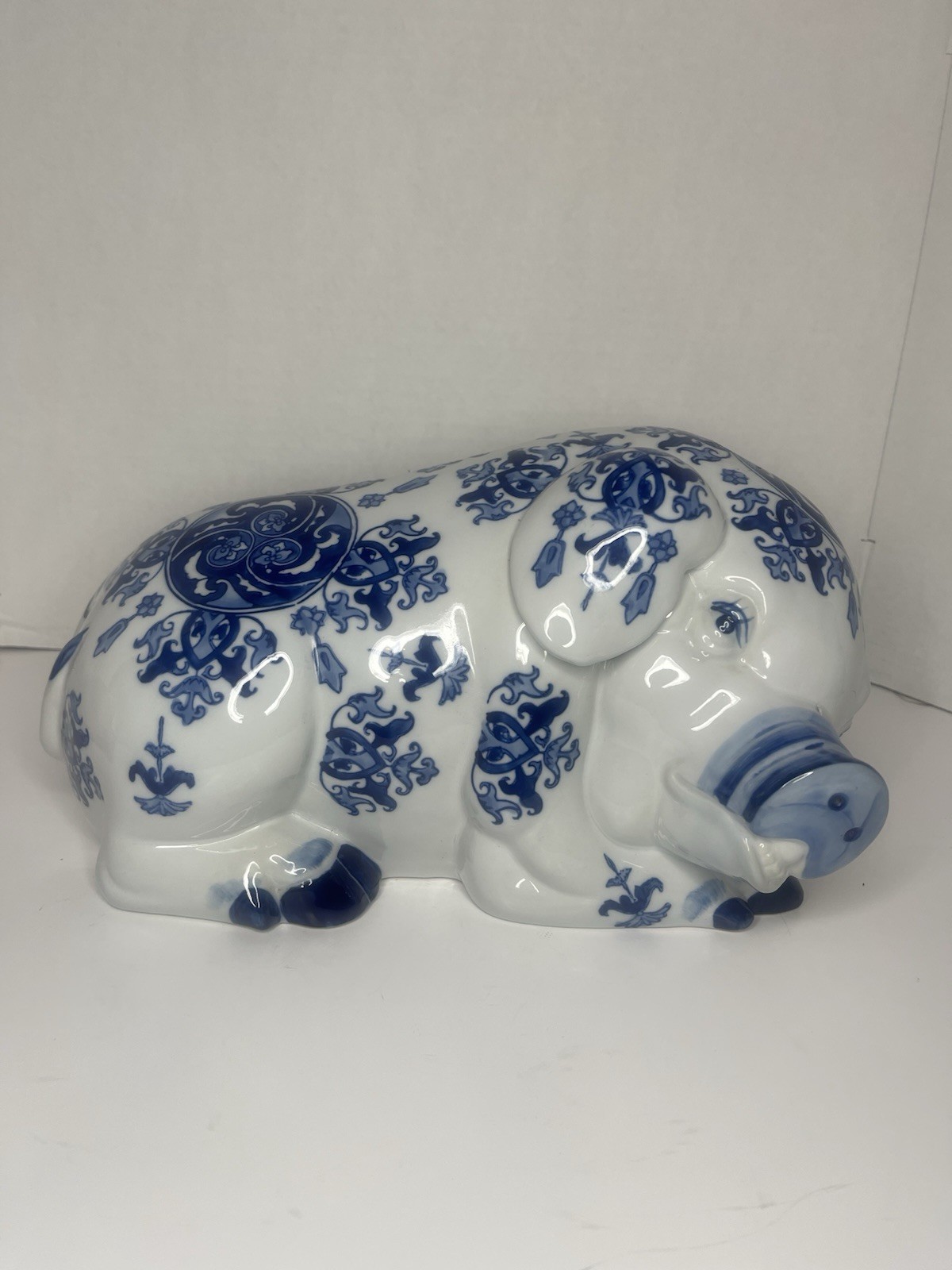 Vintage Chinoiserie Blue & White Porcelain Pig Figurine | Elegant | Decorative