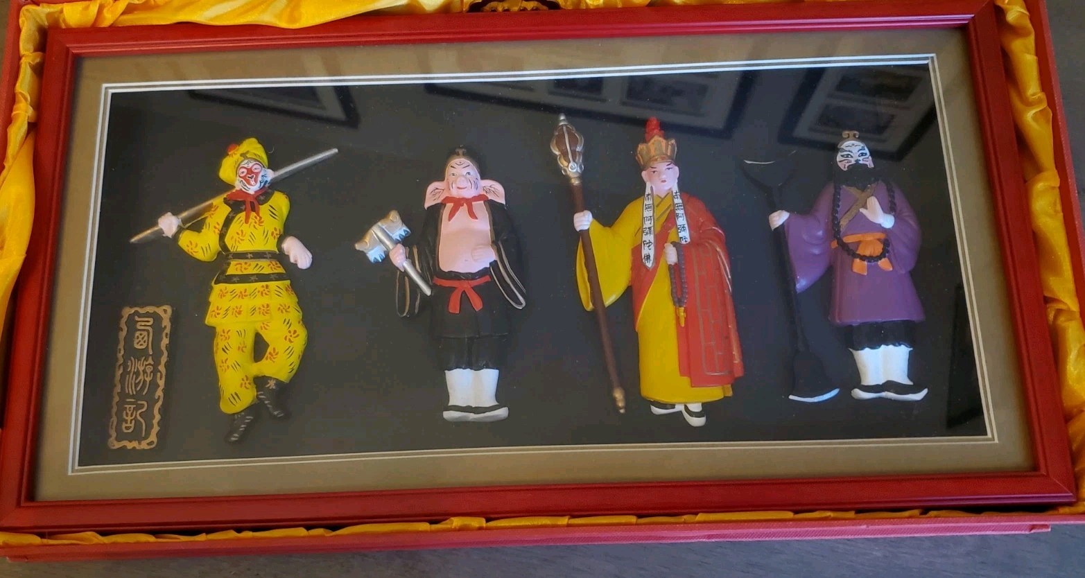 Huishan Clay Figures In Shadow Box Monkey King, Piggy, Tang Priest, Sandy