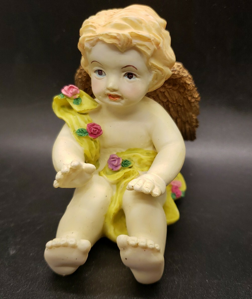Beautiful Porcelain Cherub 3” winged baby boy sitting Very Detailed