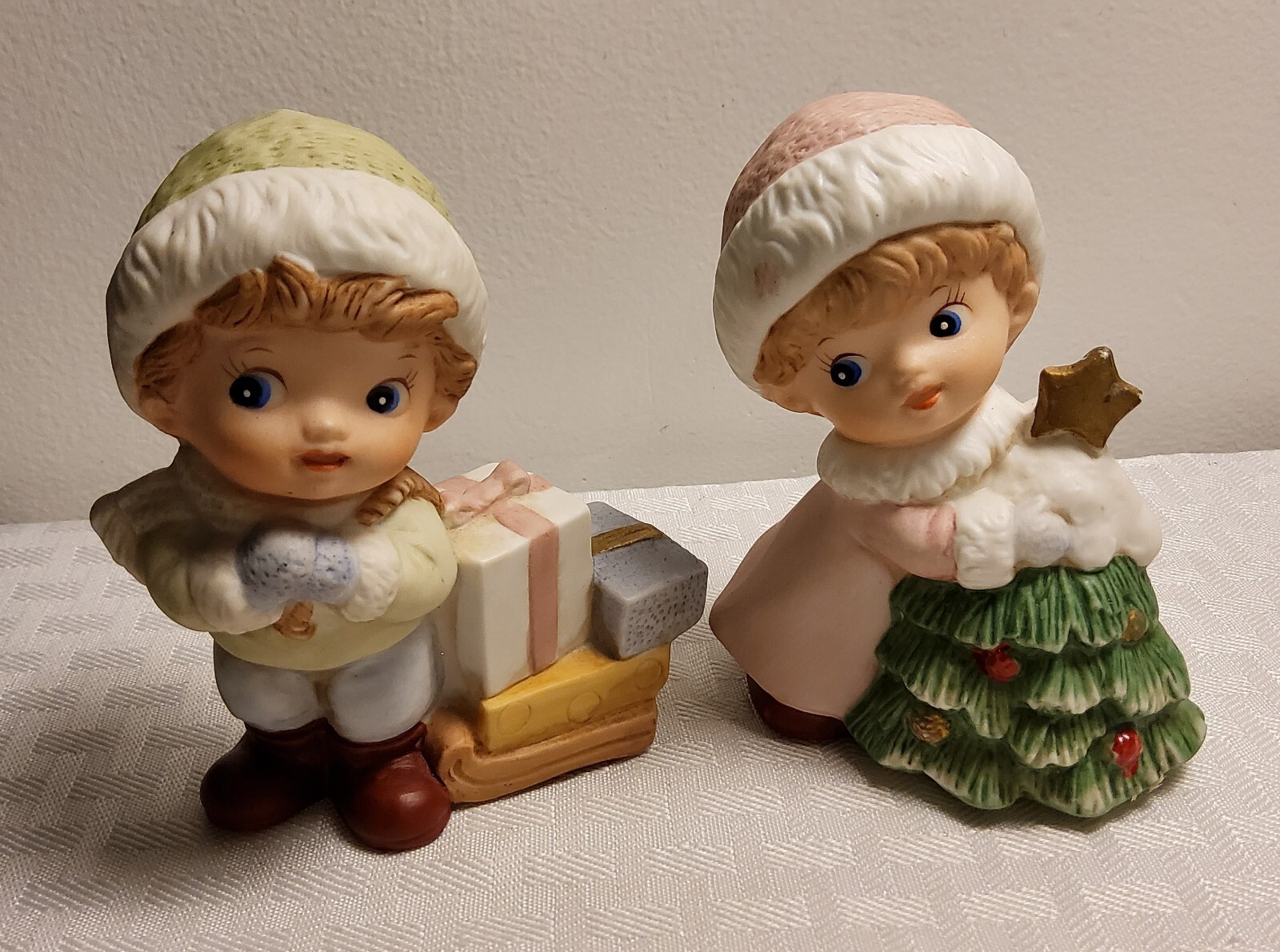 Homcpair Of Ceramic Christmas Children Figurines Vintage #5556