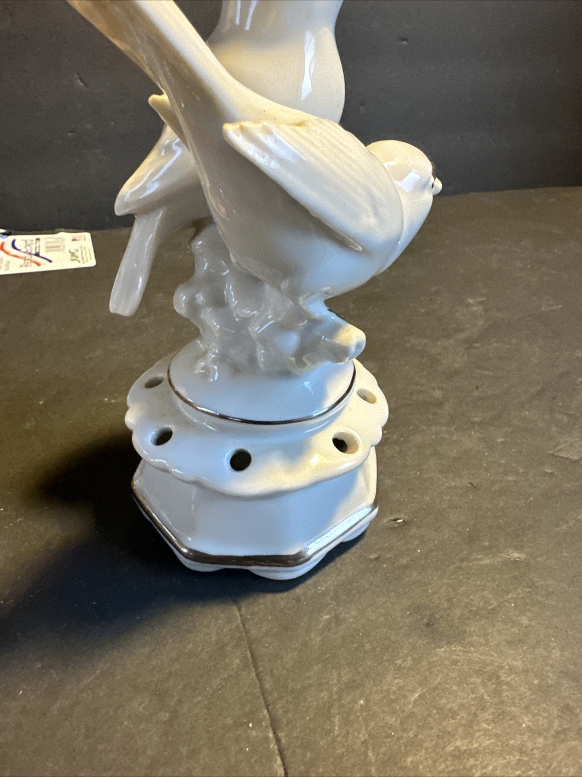 VTG. DRESDEN Porcelain White & Silver Flower Frog Figurine 8 holes w/Birds #R68