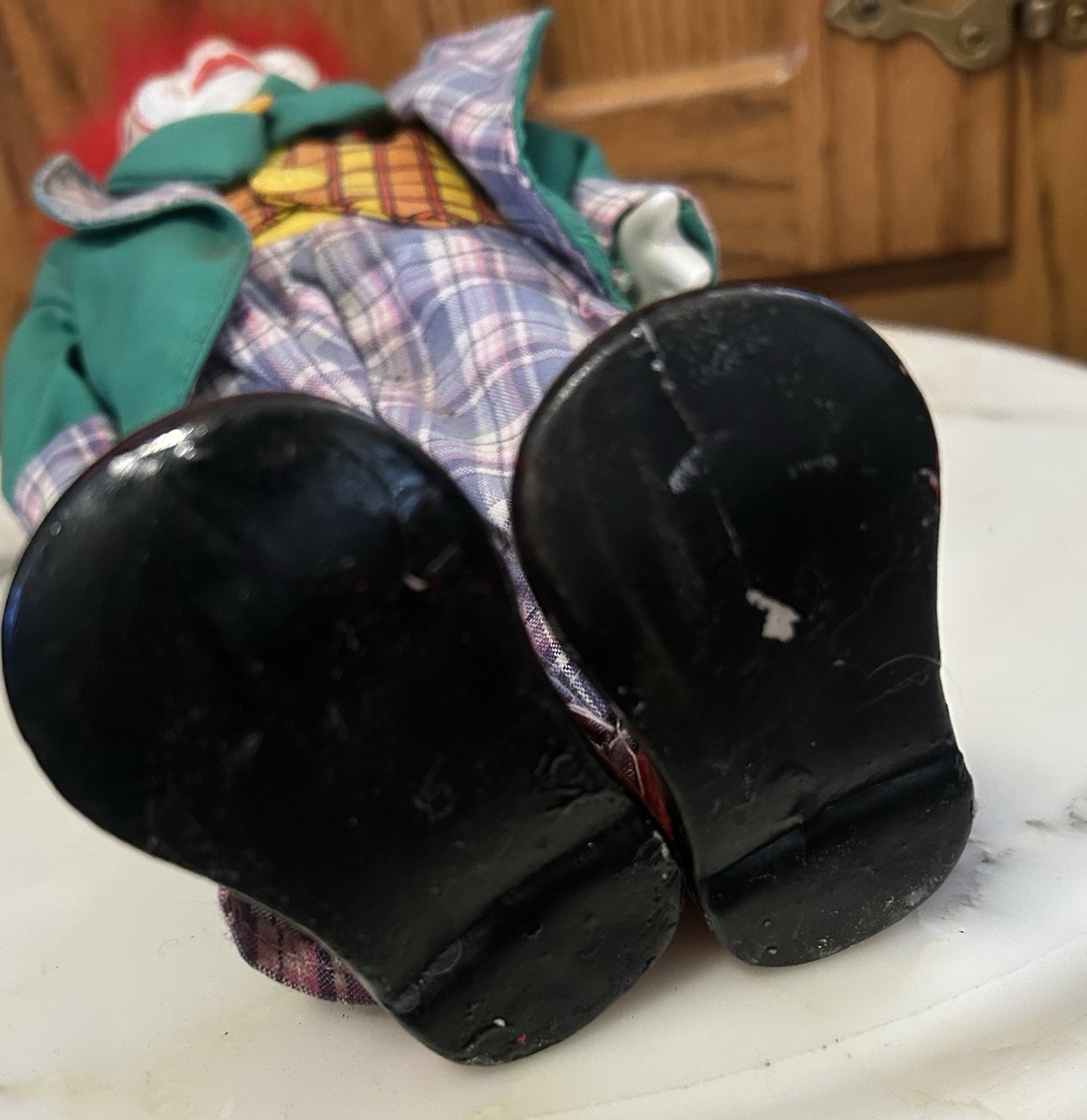 Vintage 14″ Porcelain Hobo Clown Figurine with Plaid Pants and Big Circus Shoes