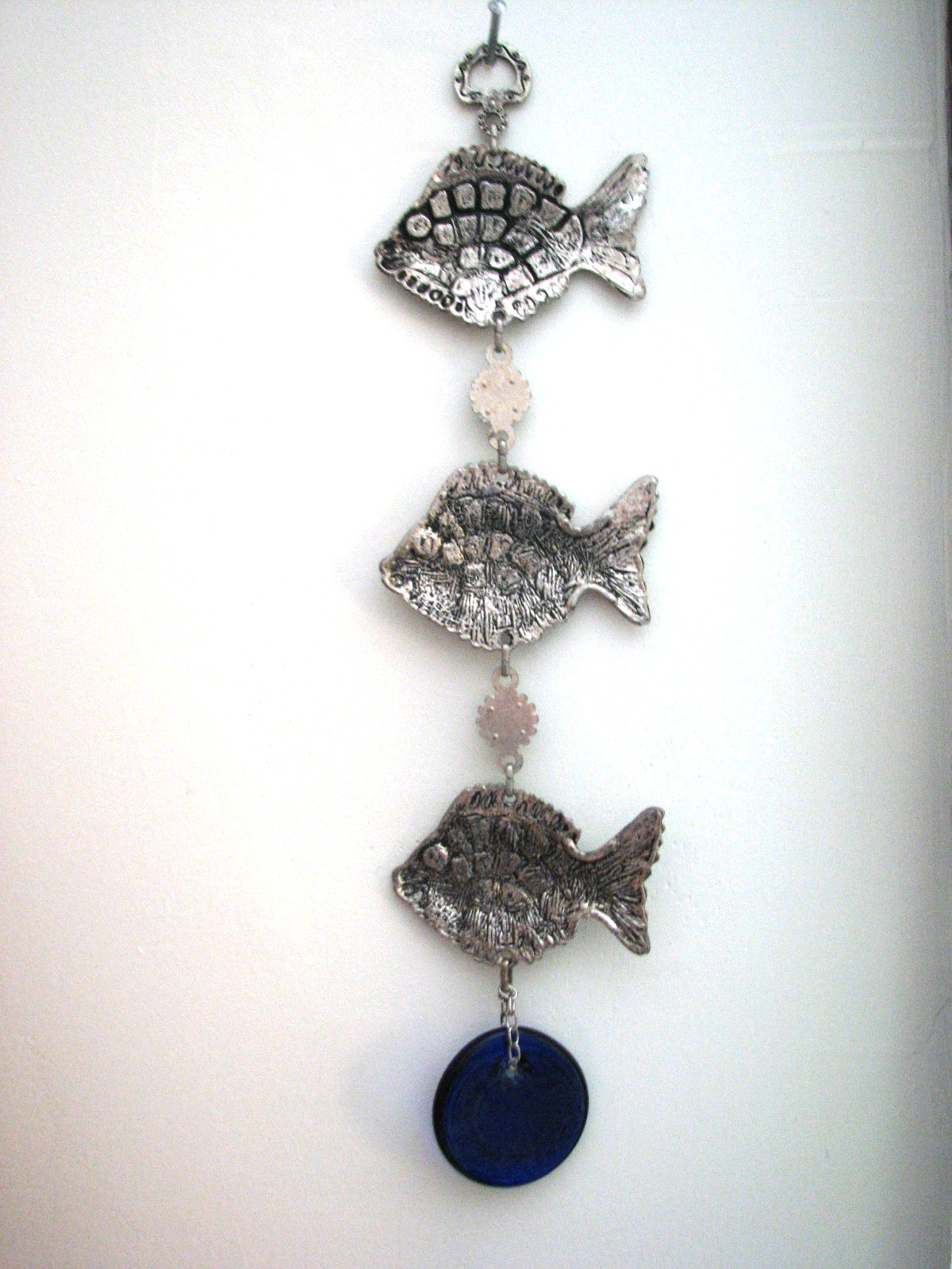 Unique Vintage Fish & Evil Eye Amulet Wall Hanging Glass Silver Tone Enamel 12″