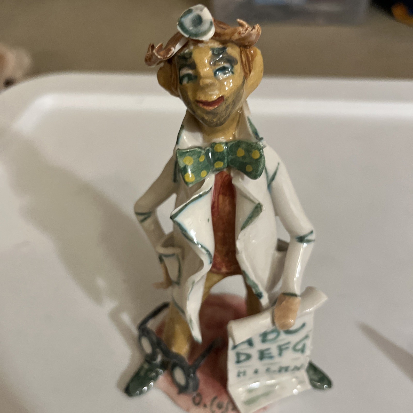 Vintage Ron Lee Ceramic Eye Doctor Figurine with Eye Chart, Glasses Lab Coat 7”