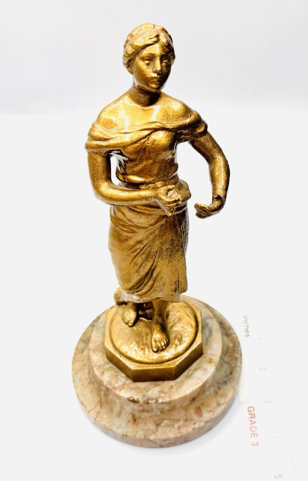 Enameled Metal Peasant Lady Decorative Figurine With Marble Base -thumb As Is