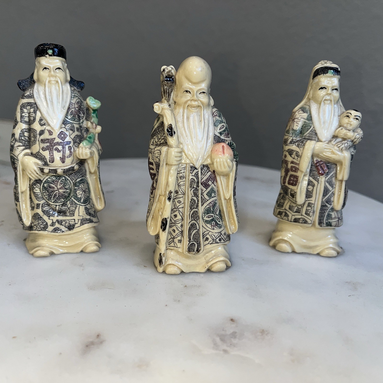 Vtg 3 Chinese CARVED 4” Resin Figurines Gods Of WEALTH, LONGEVITY & HAPPINESS