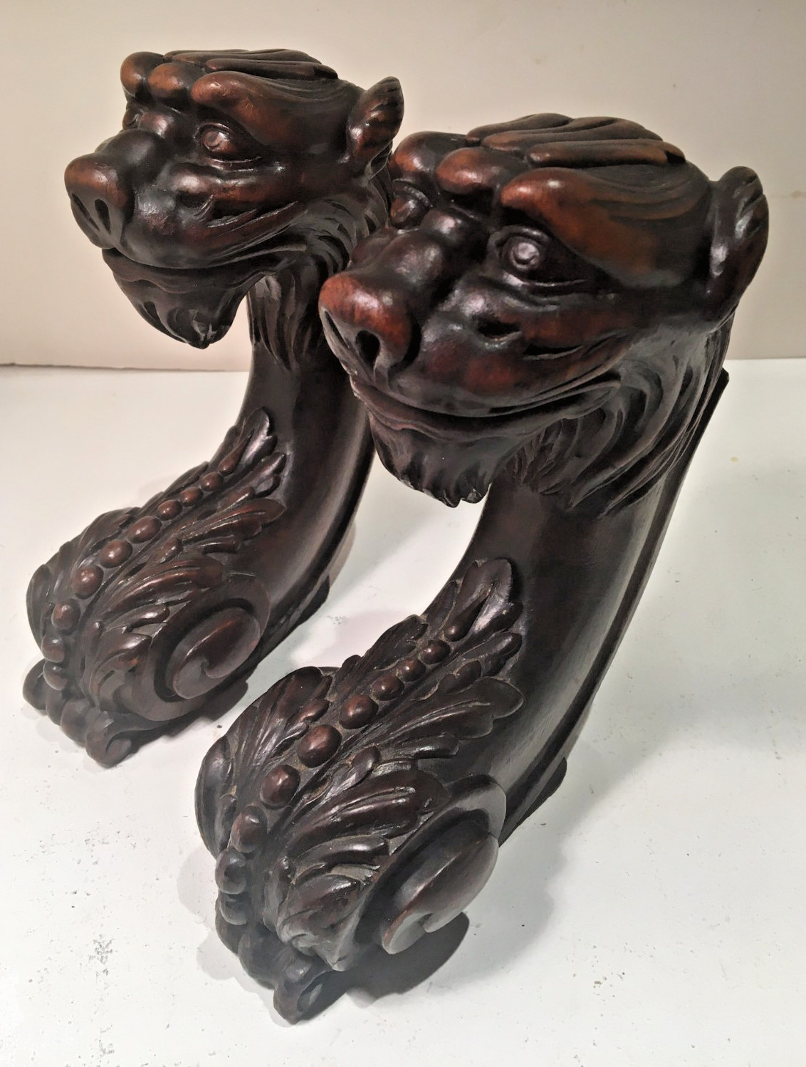 ANTIQUE PAIR EUROPEAN WOOD CARVED DRAGON GARGOYLE GOTHIC HEADS BOOKENDS