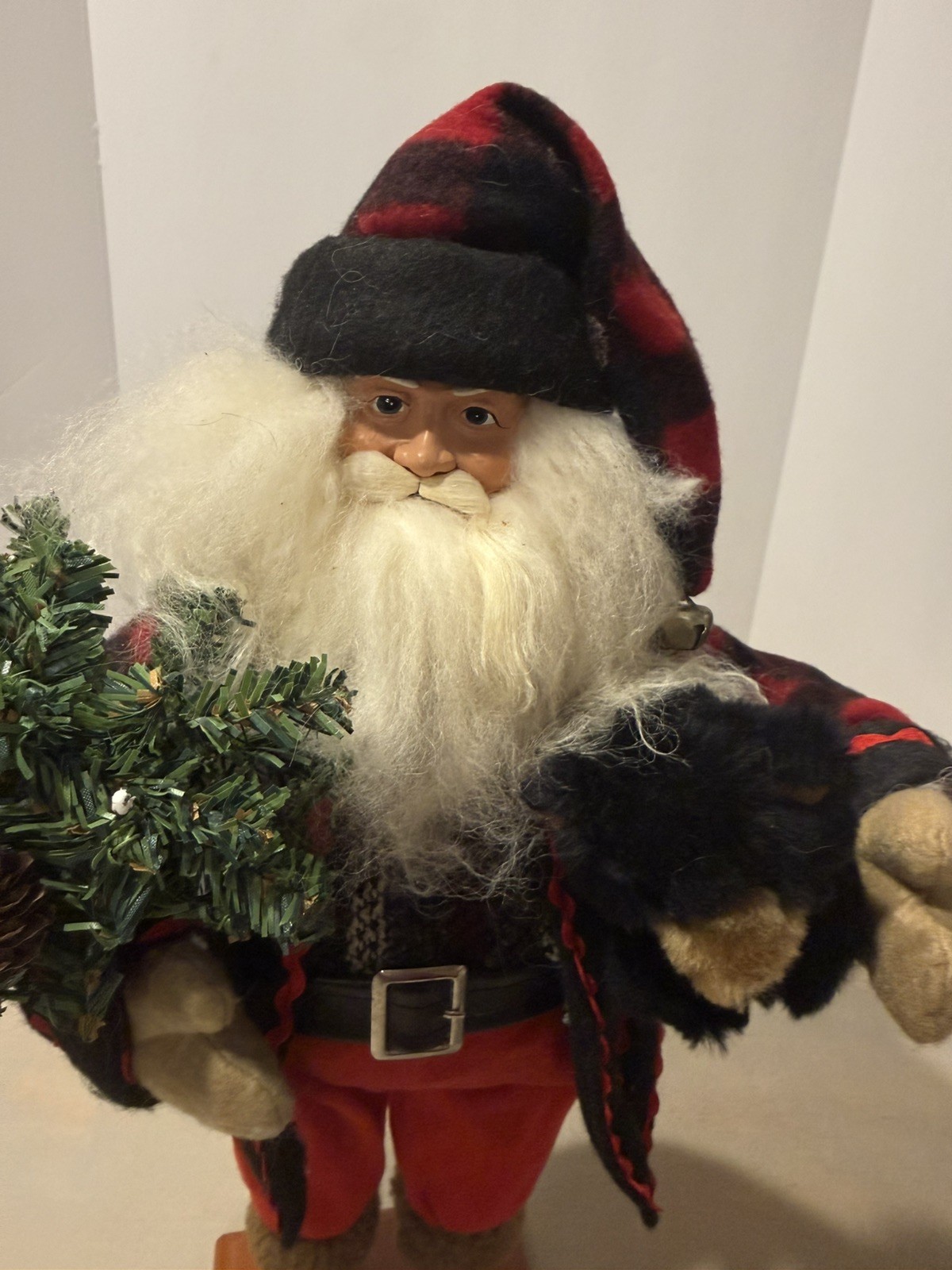 Vintage St Nicholas 18 Inches Tall, Holding a Bear And a tree buffalo plaid
