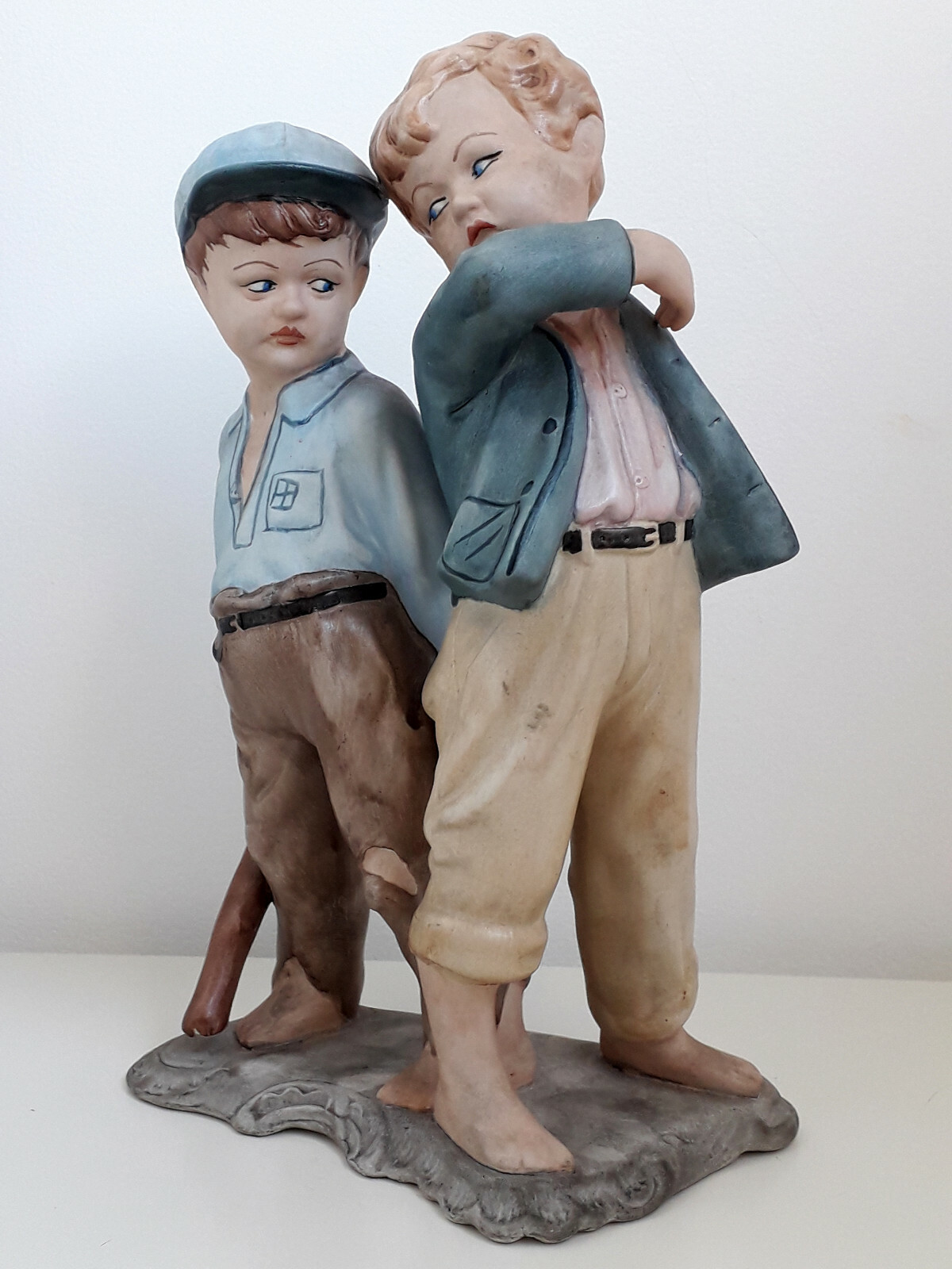 Vintage large Romanian fine porcelain boys playing home decor 1970s ceramic