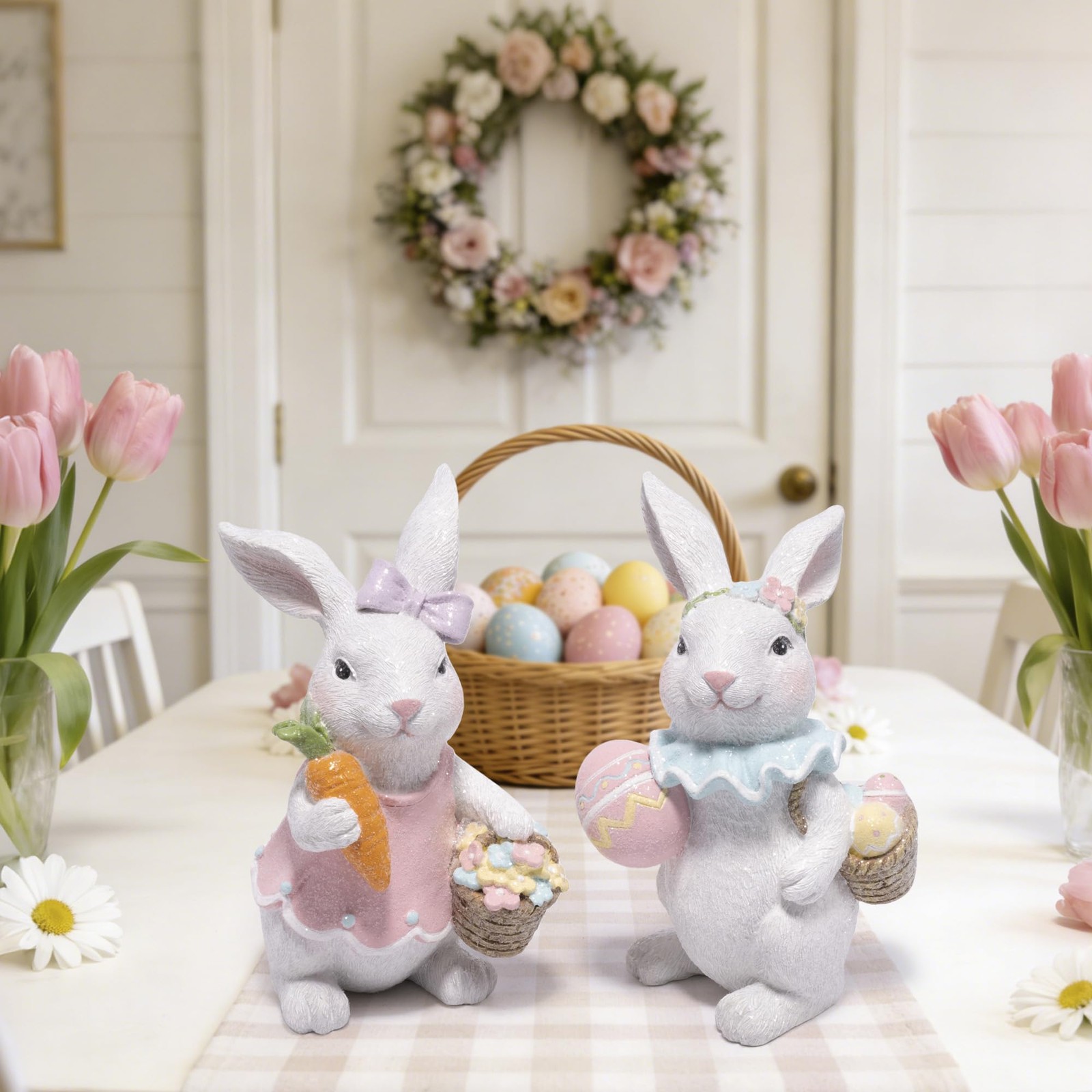 Easter Bunny Figurines Set, Spring Rabbit Decor with Easter Eggs Basket, Flor…