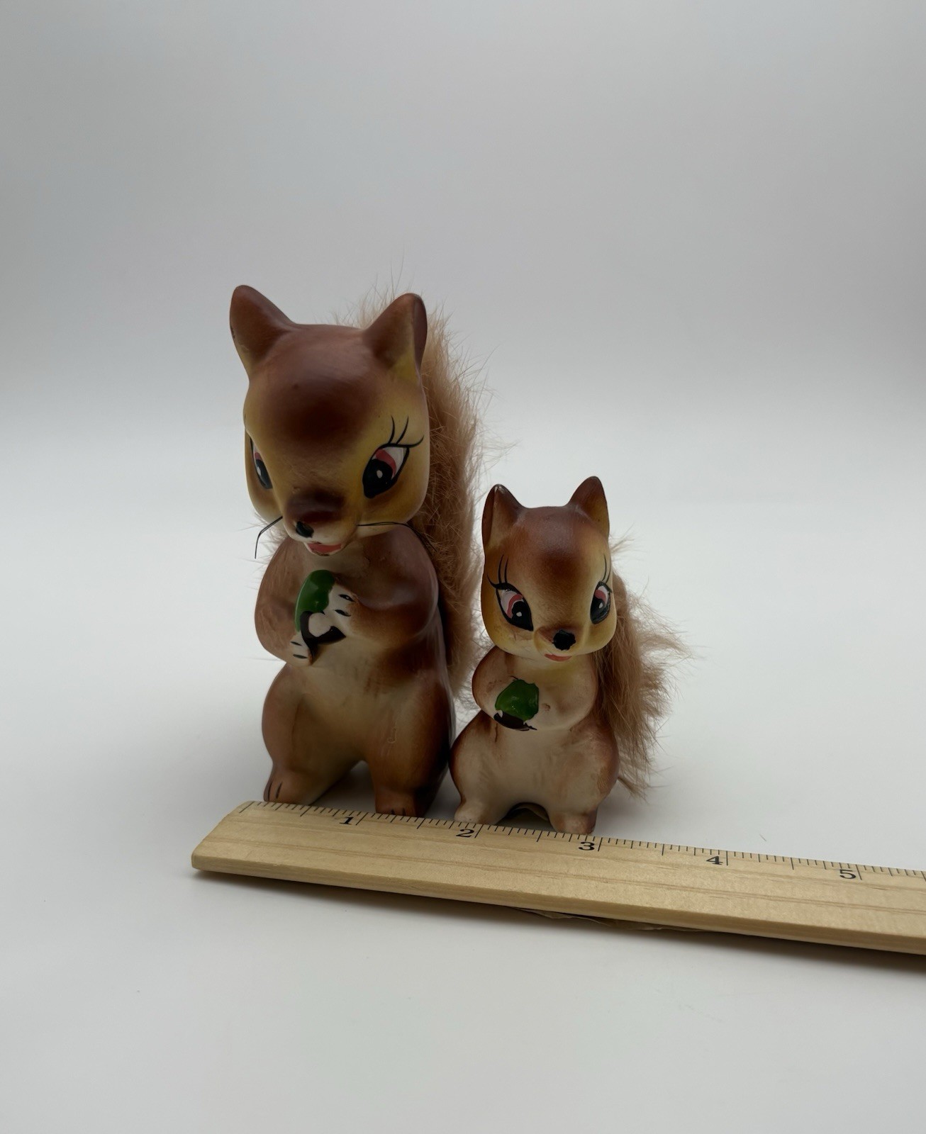 2 Vintage MCM Ceramic Squirrel Chipmunk Figurines Fur Tails 50s Baby Kitschy