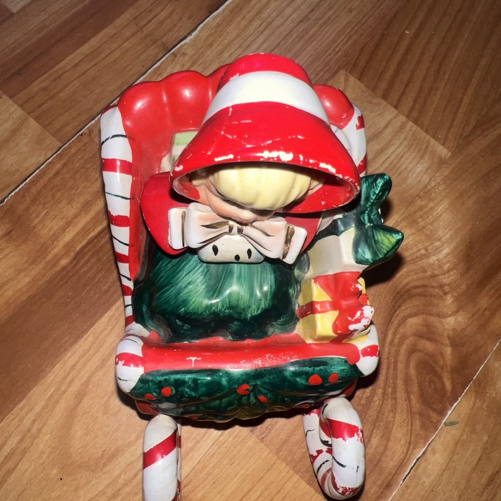 Vintage Ceramic Geo Z Lefton Christmas Shopper Girl In Candy Cane Sleigh 1957