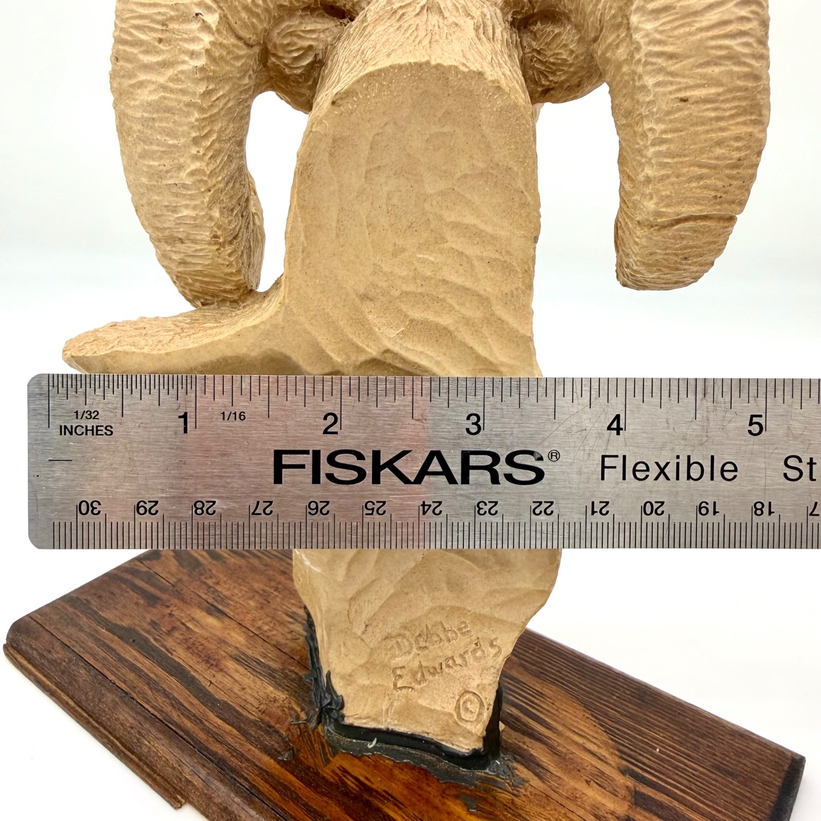 Debbe Edwards Bighorn Sheep Ram Head Sculpture Wood Base Cabin Decor