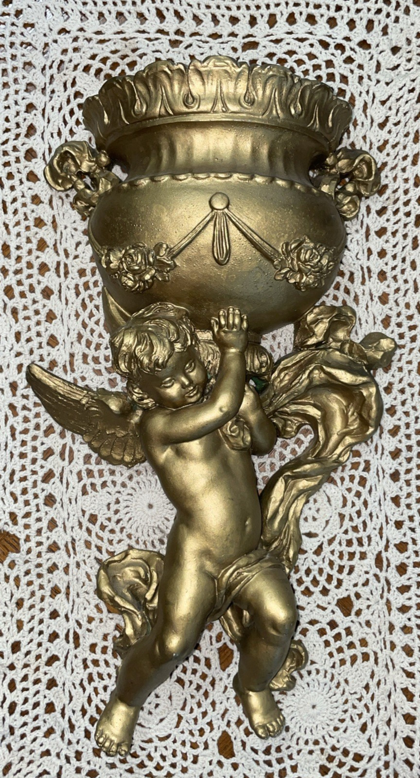 VINTAGE ANGEL CHERUB VICTORIAN GOLD WALL POCKET HOLLYWOOD REGENCY 14 1/2″
