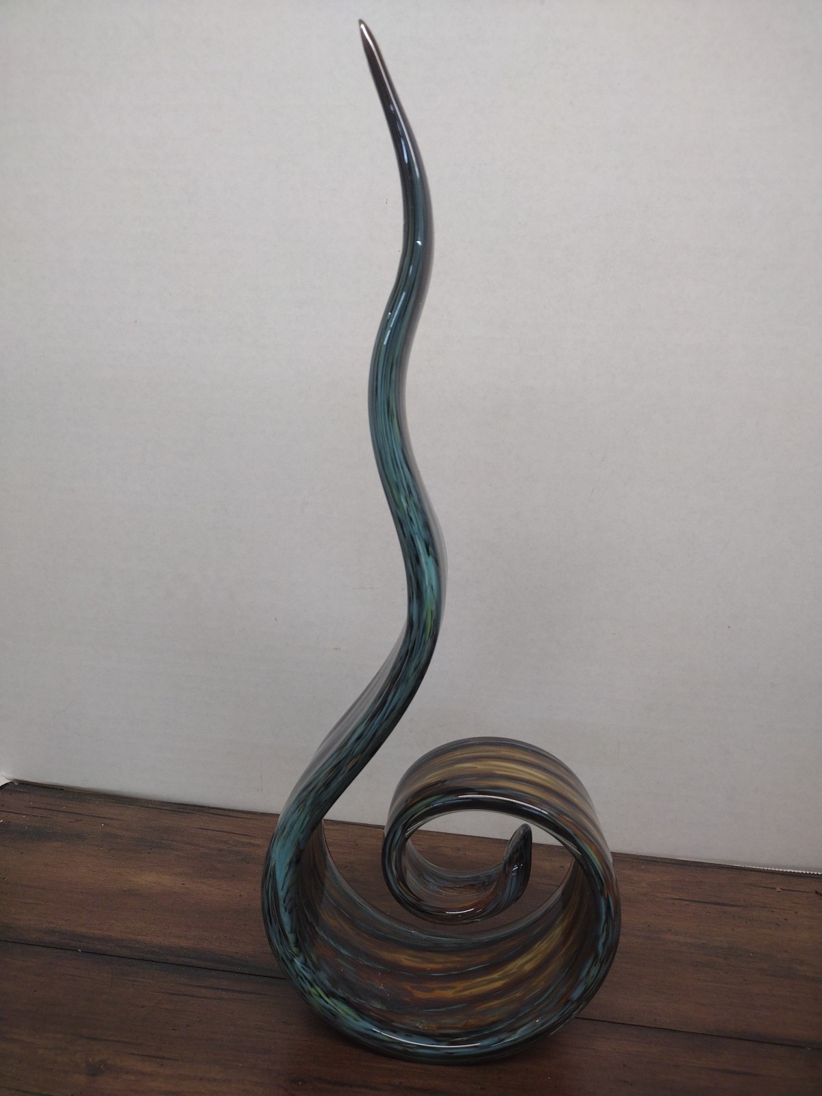 Vintage MCM Murano Art Glass Ribbon Swirl Sculpture Set White Amber Bronze 16″