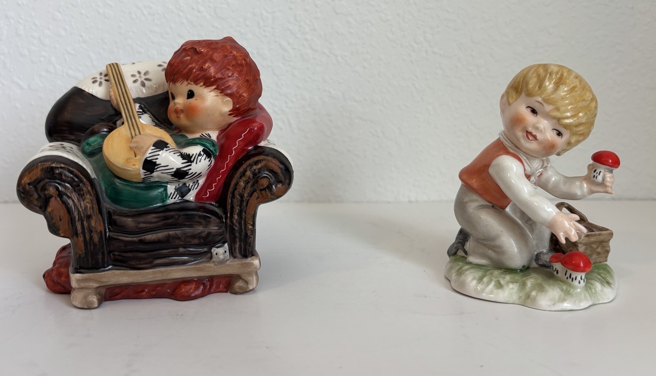2 Hummel Goebel Figurines Red Head “Off Key” And Boy Picking Mushrooms