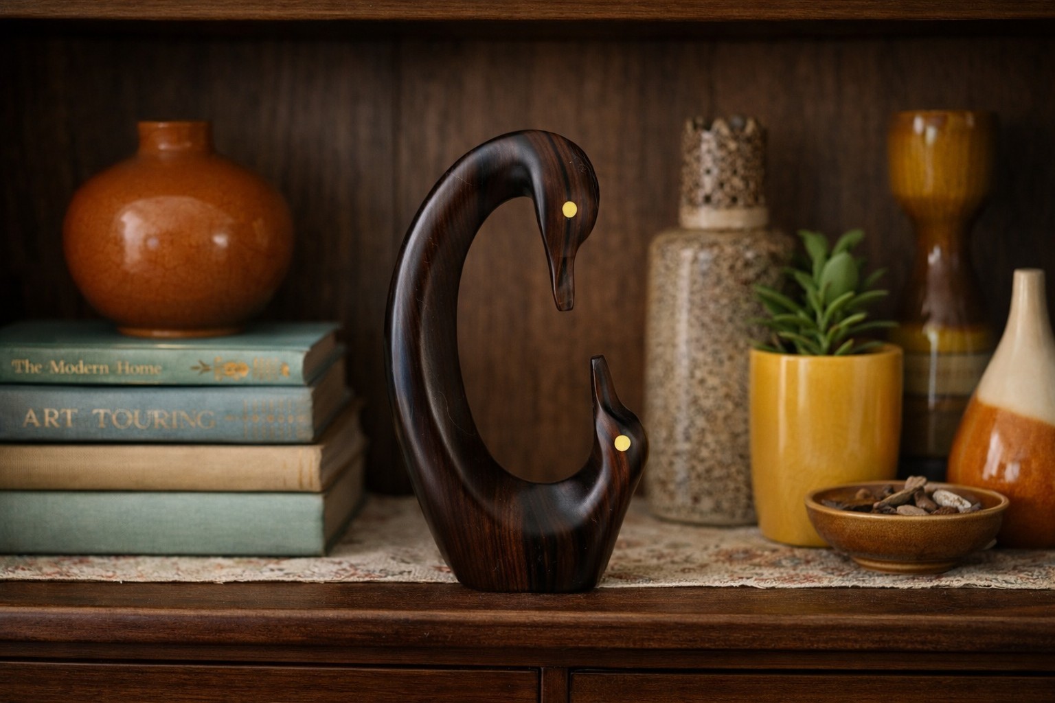 Mid-Centiry Modern Swans Wood & Brass Attributed to Charles Marcak Folk Artist
