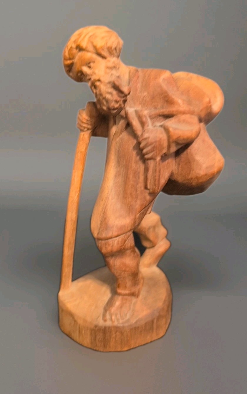 German Hand-Carved Wood Figurine Statue Wanderer w/ Hiking Staff Rucksack 6″