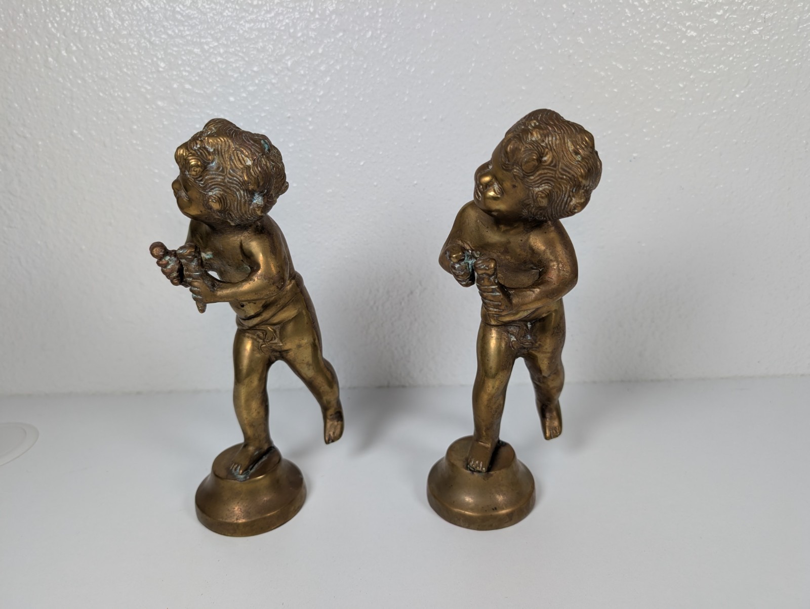 Pair Of 2 Vtg Solid Bronze Cherub Statues Cupid Boys 9″ Matching
