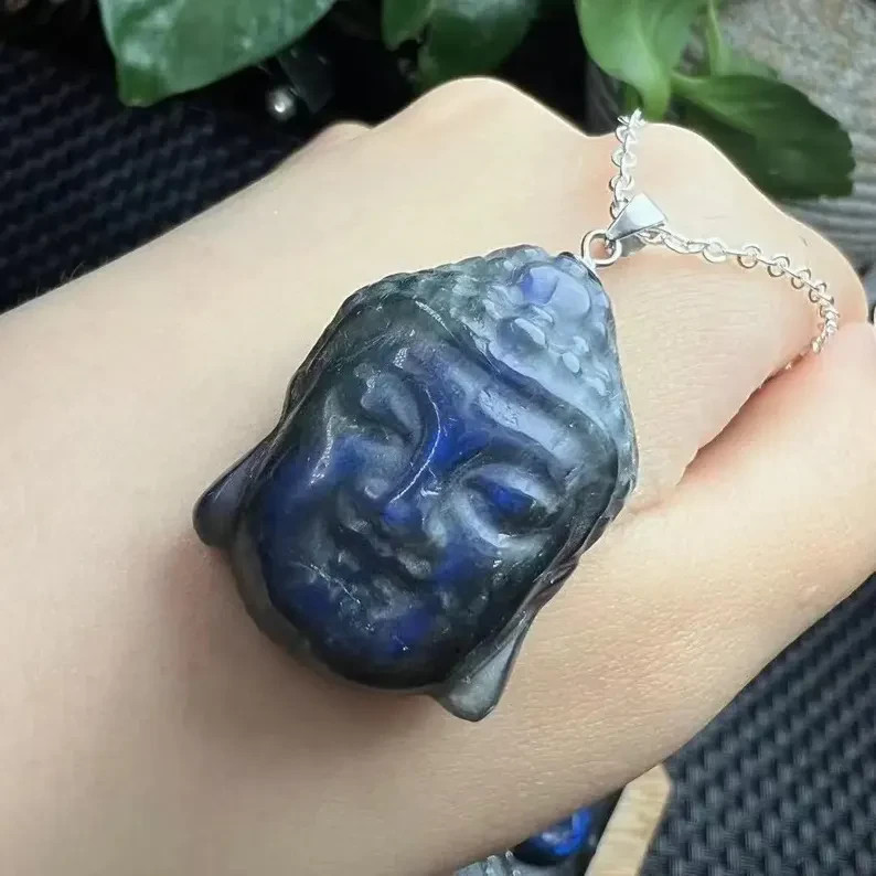 925 Silver Inlay Natural Lapis Lazuli Buddha Head Carving Pendant for Meditation