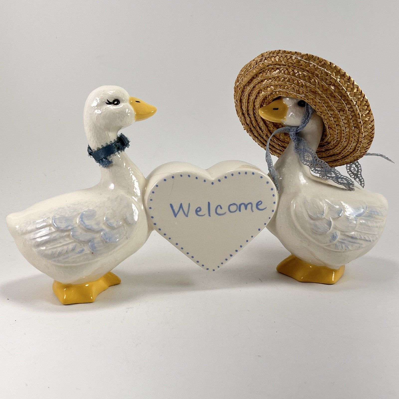 Vintage Goose Duck Figurine Welcome Blue Ribbon Hat Cottagecore Grandma Country