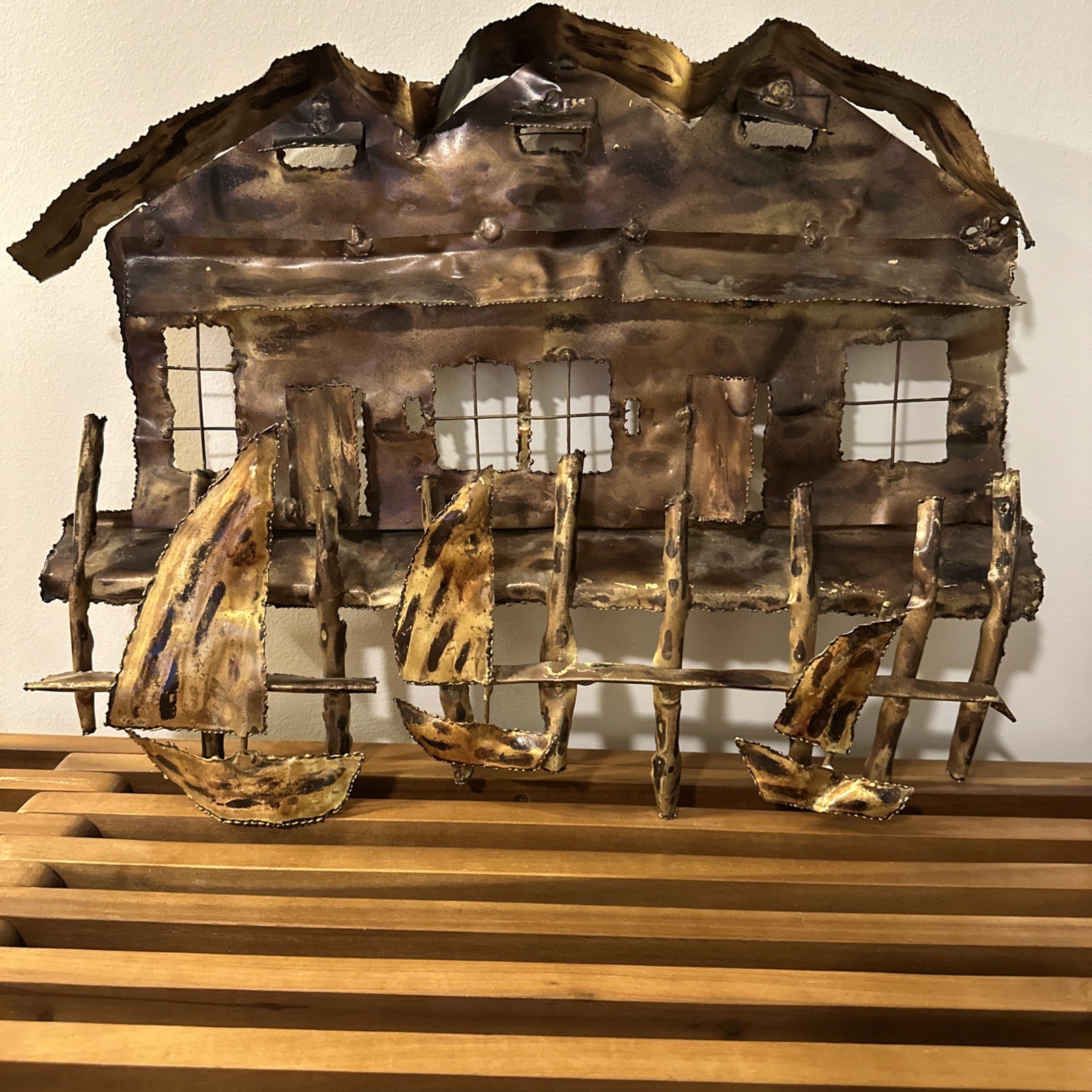 Handmade Metal Brutalist Nautical Boat House Sculpture Rustic Antique Finish