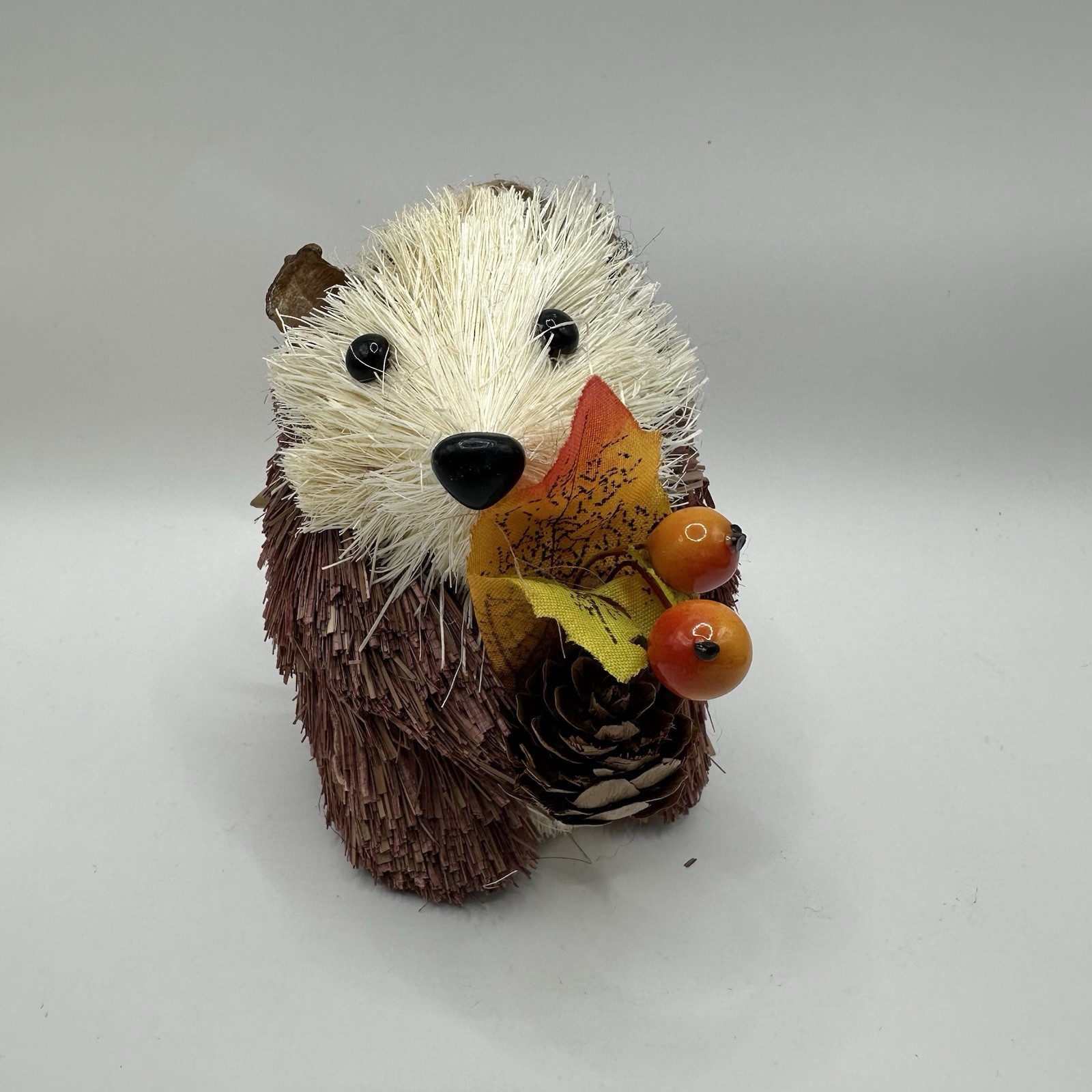 Bristle Brush Hedgehog Figurine Holding Fall Leaves and Pinecone 4″x2.75″