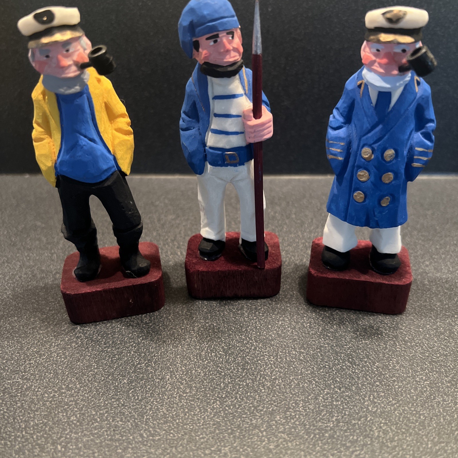 Set Of 3 Hand Carved Wood Figures Captain Sailor Ocean Pirate Nautical Decor Vtg