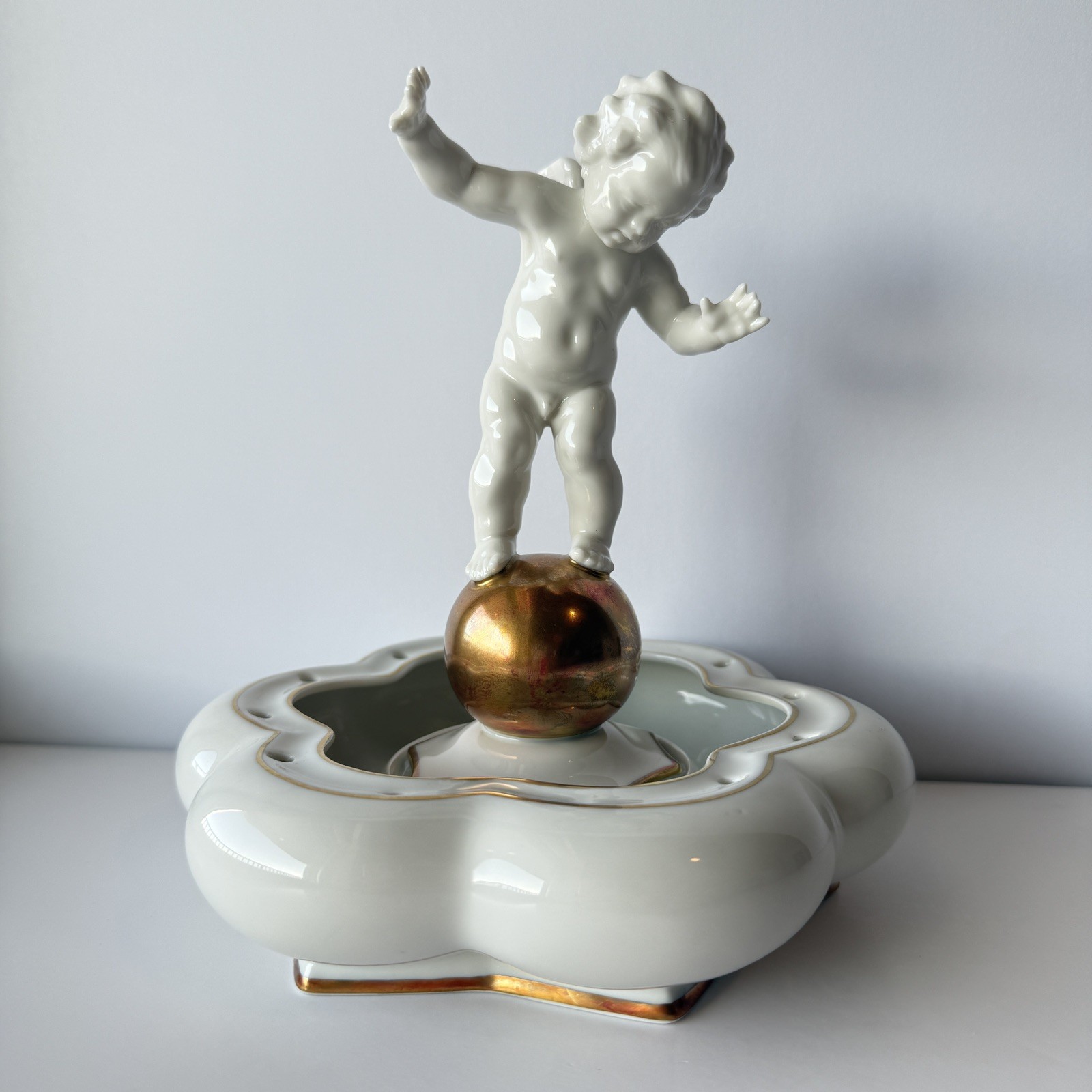 Vintage HUTSCHENREUTHER GERMANY CHERUB BOY W/GOLD BALL & BOWL – K. TUTTER – 2 PC