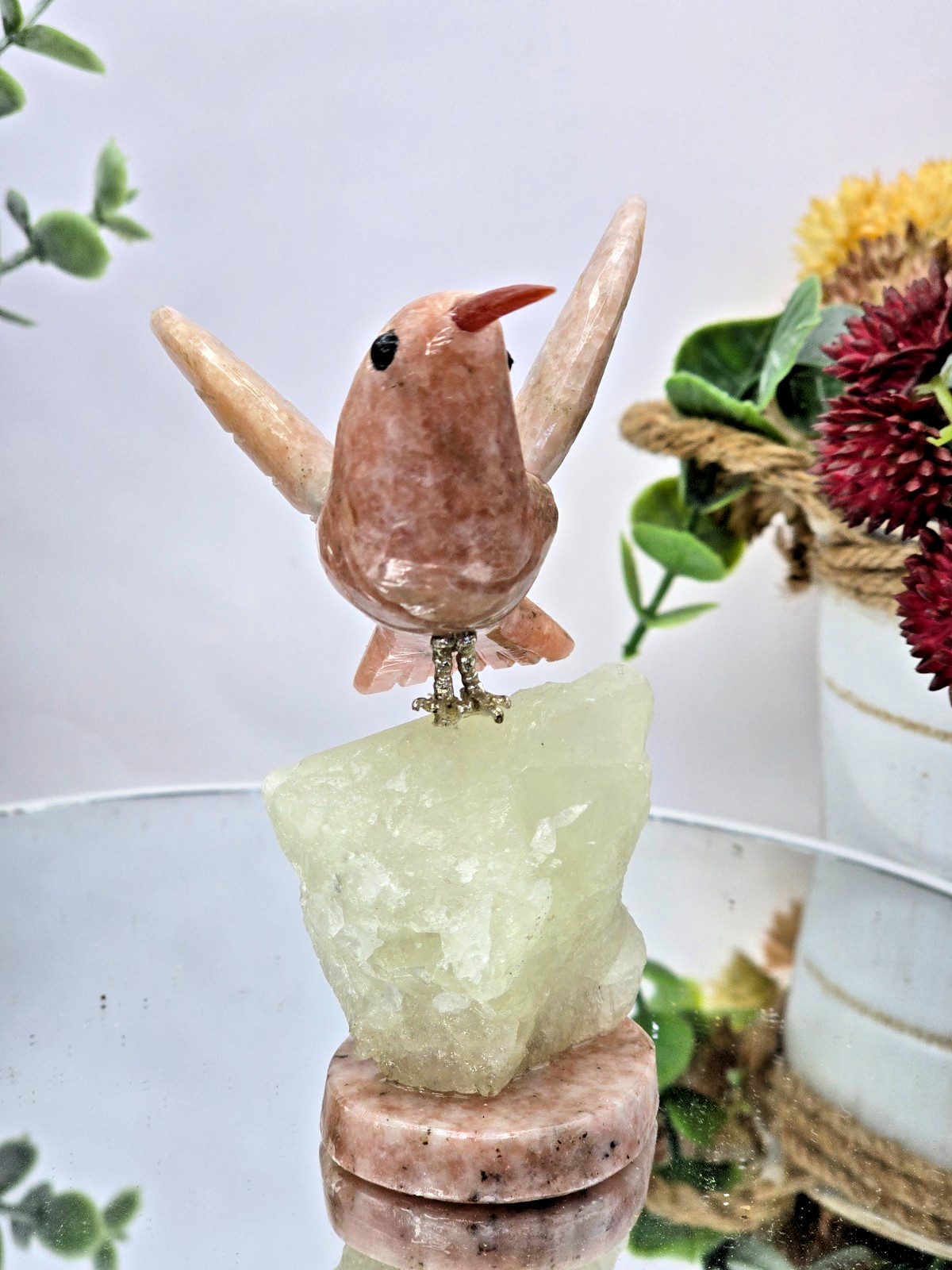 Hand Carved Rose Crystal Hummingbird on Stone Base 3.75″ Natural Stone Bird