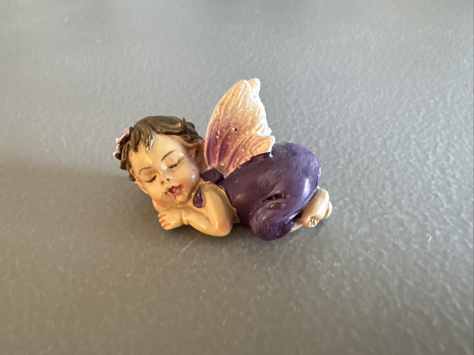 Tiny Baby Girl Angel Figurine Purple Angel Wings Pink Flowers Fairy Garden