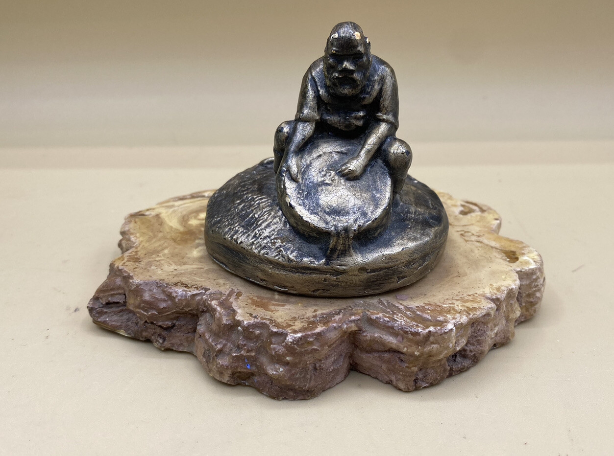 Vintage Sculpture Western Man Panning Gold Rush Miner Bronze Resin Stone READ