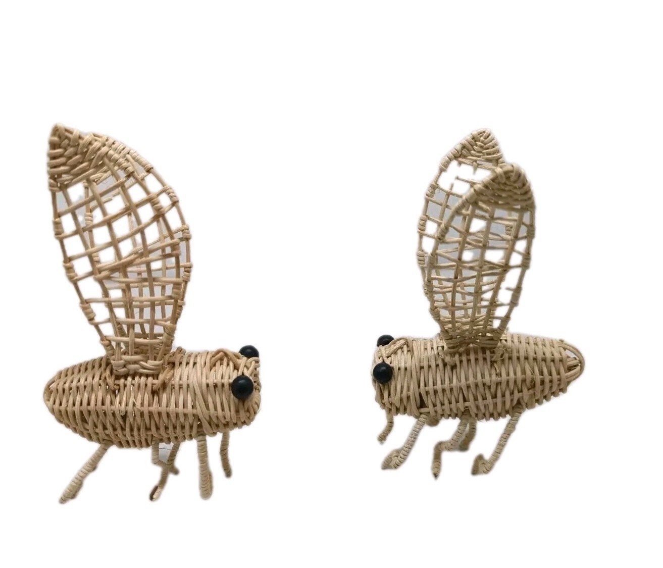 2 Wicker Rattan Bumblebee Honey Bee Insect Figurine Moveable Wings & Legs VTG