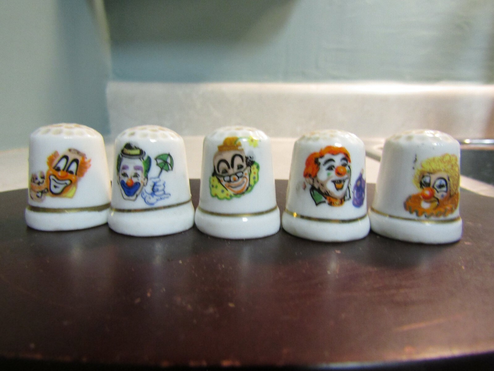 5 x Vintage Porcelain Circus Clown Thimbles- Gold Rimmed ~ 1.0” H