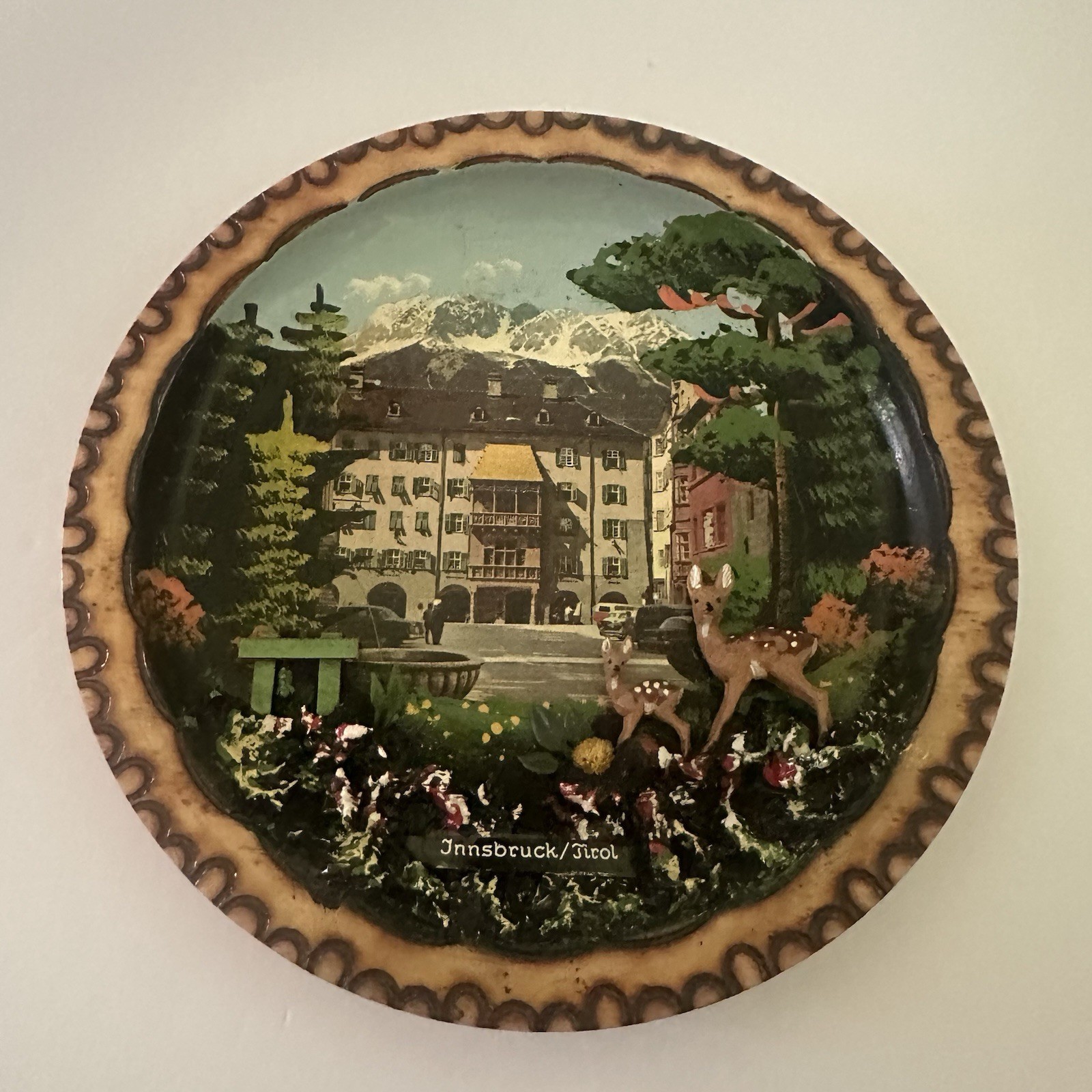 Vintage 50s Innsbruck Tirol Hand Carved Painted Wood Plate Alpine Deer Austria