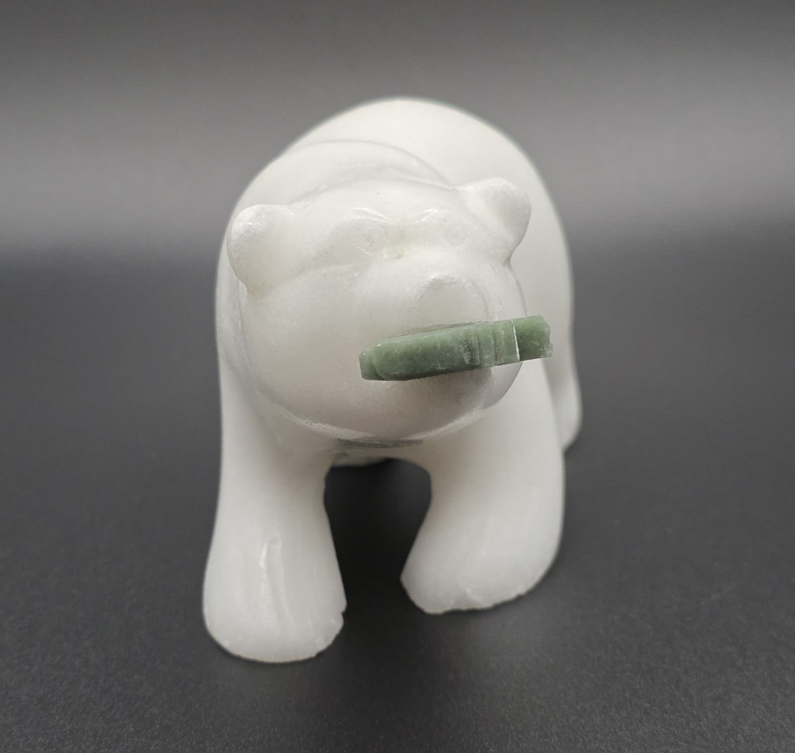 Vintage Carved White Quartz Polar Bear Figurine Green Jade Fish Sculpture Signed